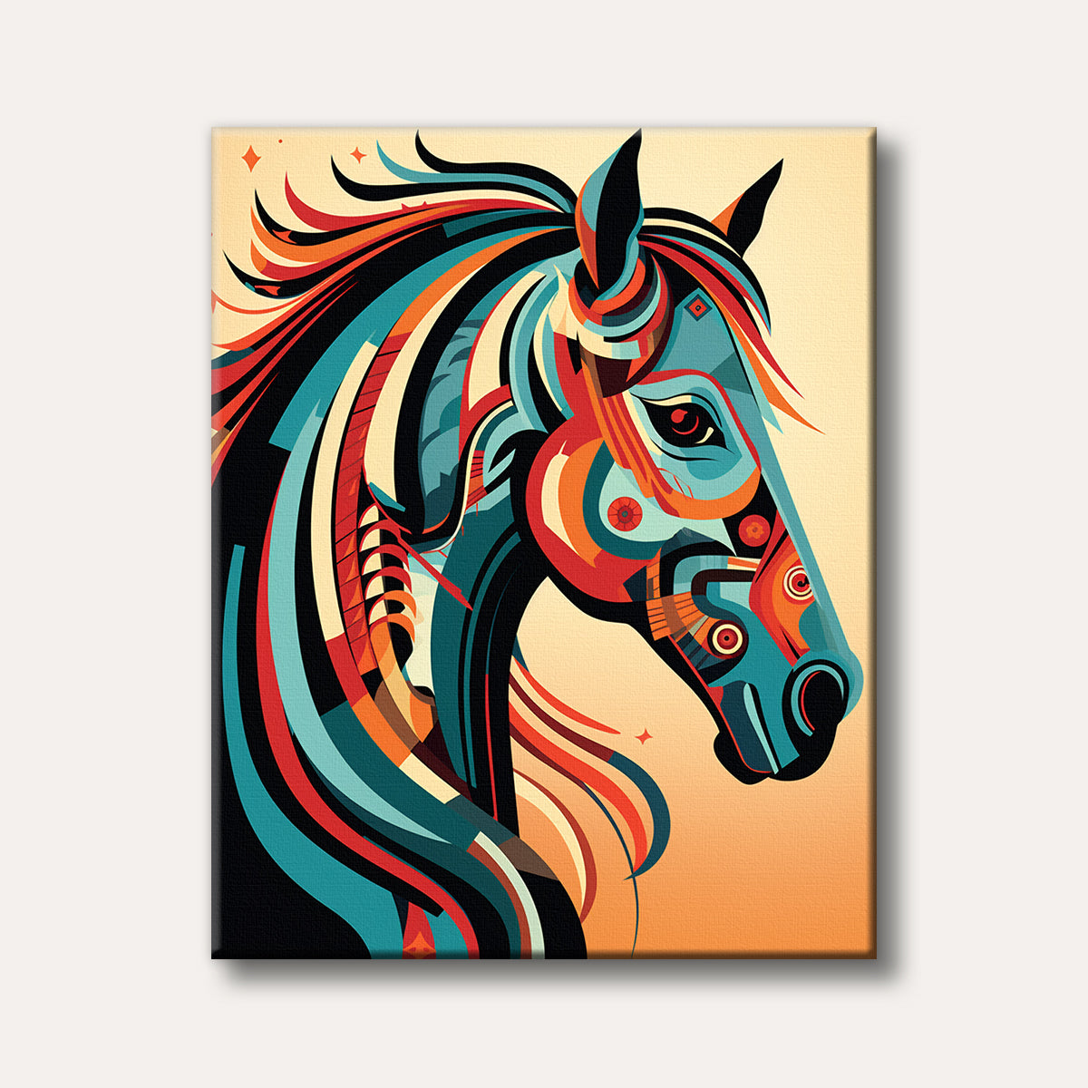 A vibrant, abstract portrait of a horse's head, featuring bold geometric shapes and a striking colour palette of teal, orange, red, and black on a light background.
