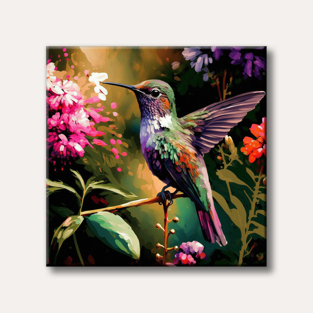 A vibrant hummingbird with iridescent green, purple, and pink feathers perches on a branch surrounded by brightly coloured flowers and lush foliage, depicted in a detailed, painterly style.