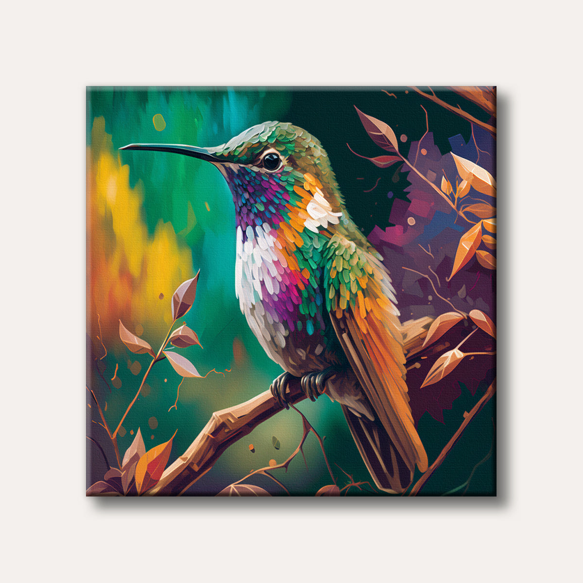 A vibrant, jewel-toned hummingbird perched on a branch, depicted in a modern, abstract art style with a blurred, colourful background, conveying a lively mood.