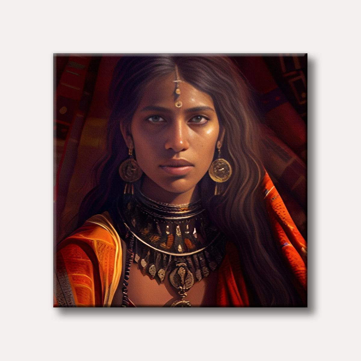 A striking portrait of a woman with long dark hair, wearing traditional gold jewelry and a vibrant orange sari, rendered in a realistic and elegant style.