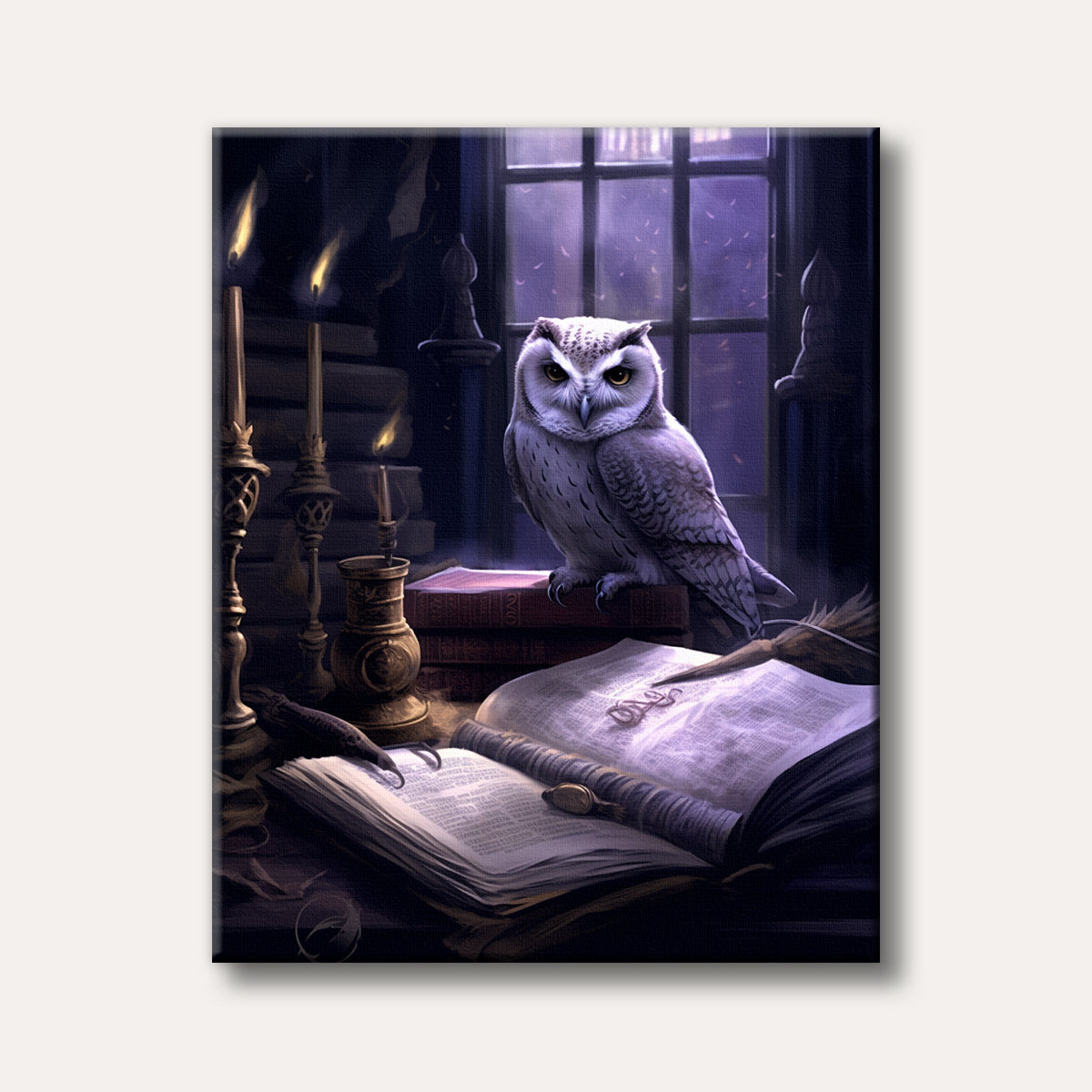A detailed, realistic digital painting depicts a white owl perched on old books at a candlelit desk in a mysterious, dark scholarly room.