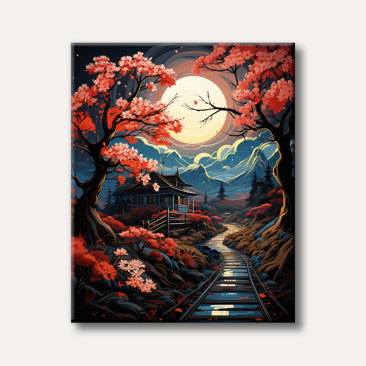A vibrant illustration of a traditional Japanese house nestled among red cherry blossom trees under a large, glowing full moon, with train tracks and mountains in the background, rendered in a stylized, enchanting manner.