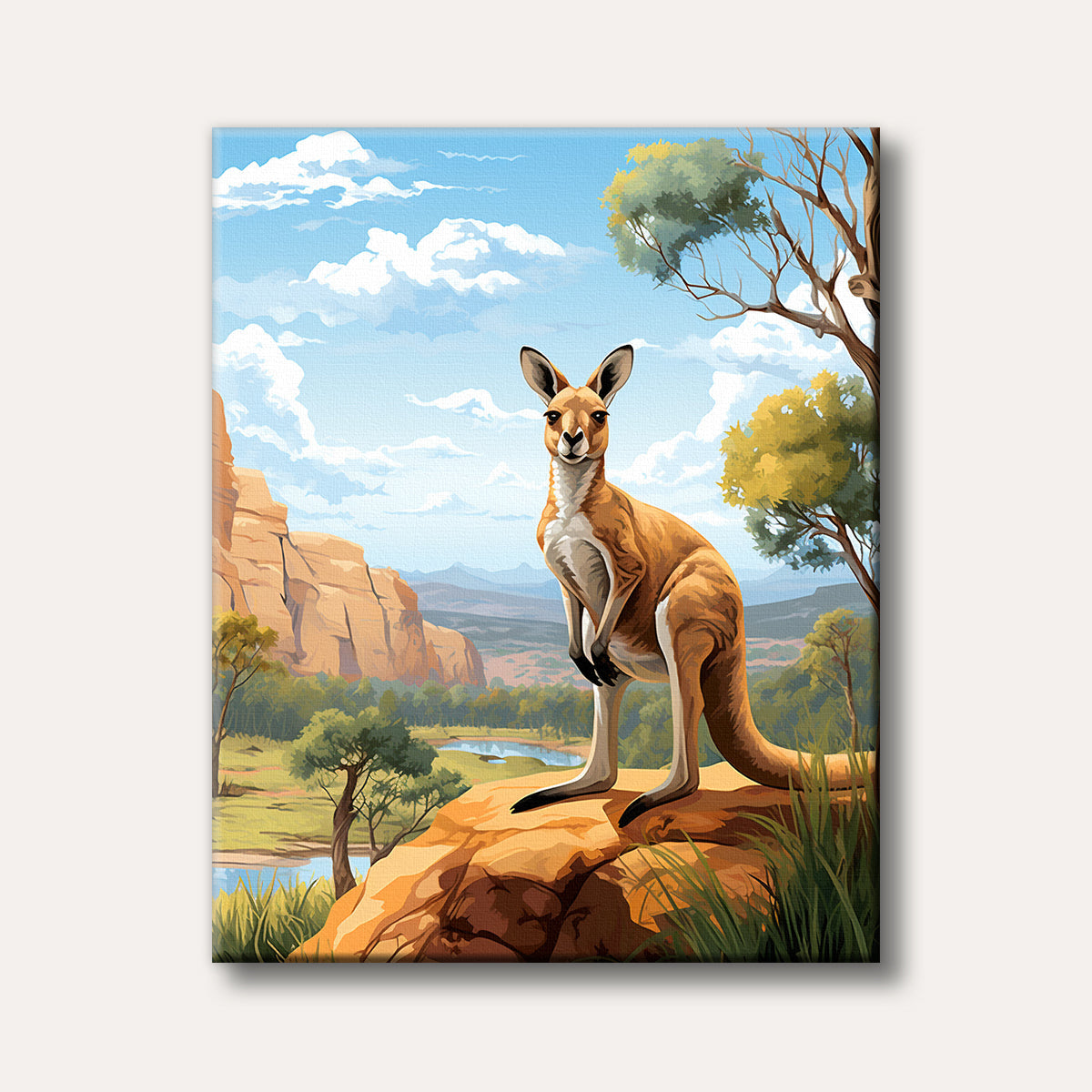 A brown kangaroo stands prominently on a rock in a detailed, vibrant Australian outback landscape painting under a blue sky.