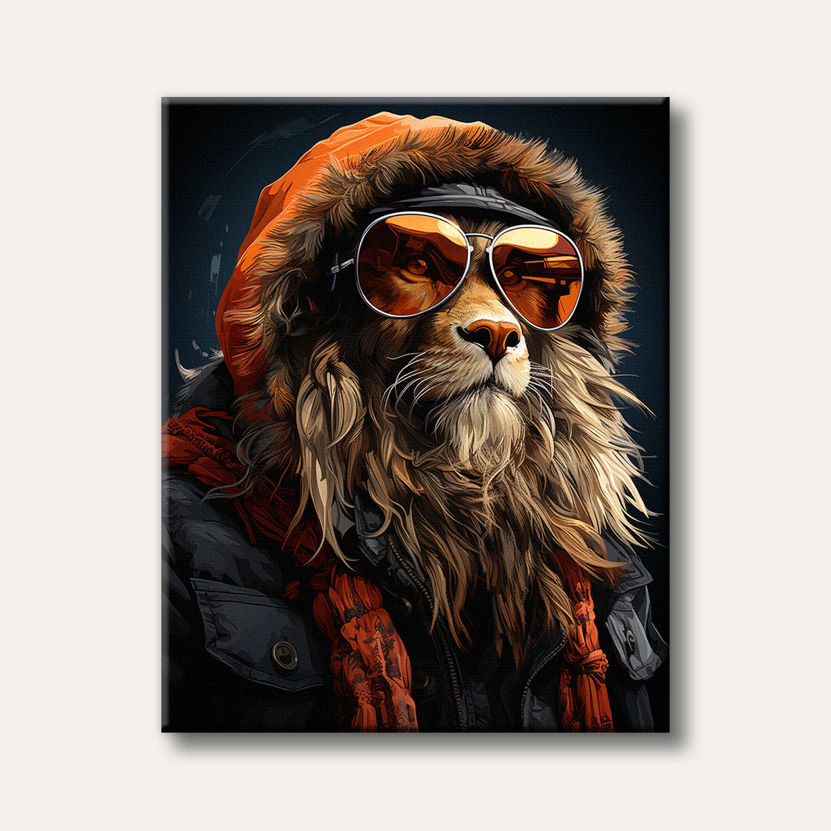 A modern, stylized portrait of a lion wearing an orange hooded jacket, a red scarf, and cool orange reflective sunglasses, exuding a trendy and bold mood.