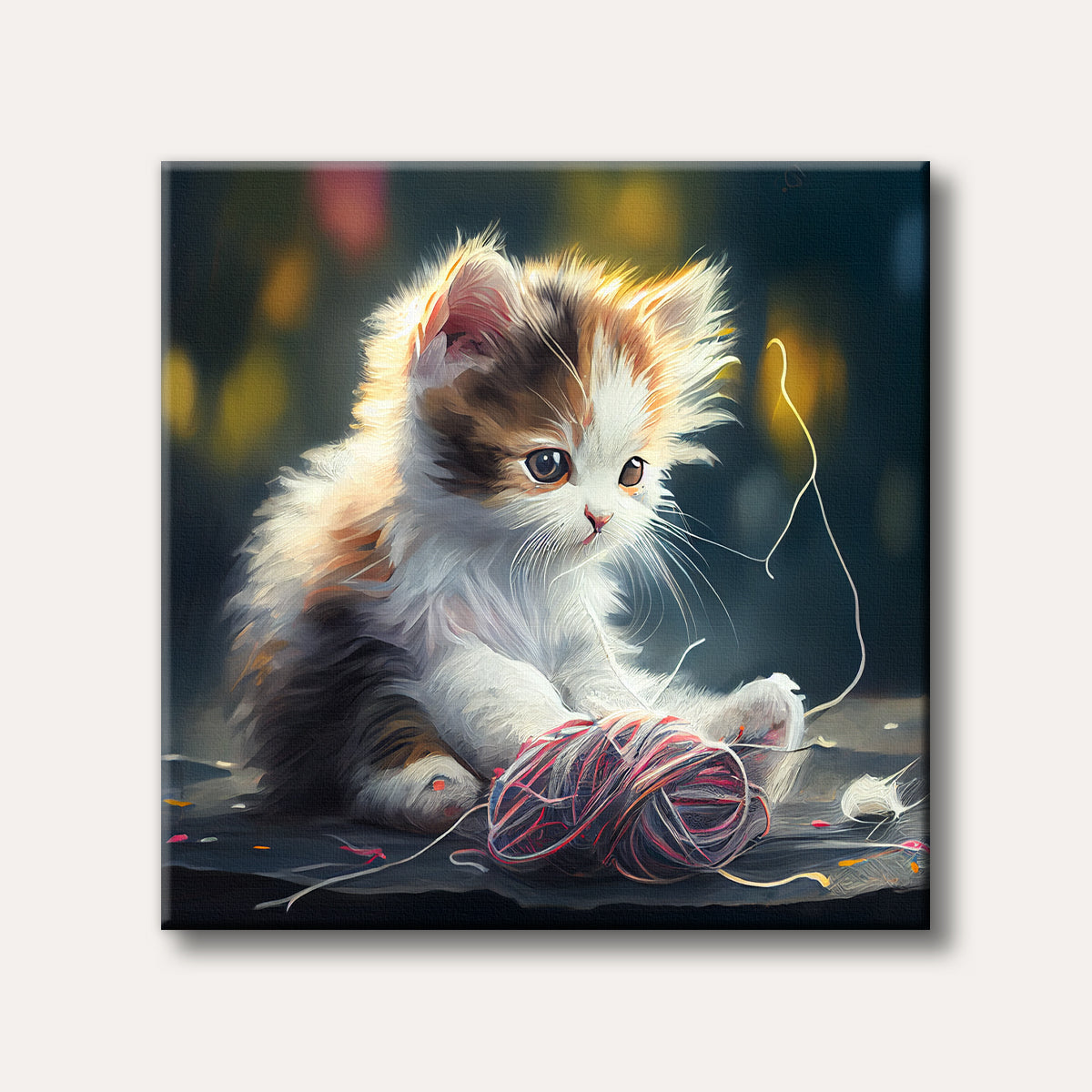 A charming digital painting of a fluffy calico kitten with large, curious eyes, illuminated by a warm backlight as it playfully interacts with a colourful ball of yarn.