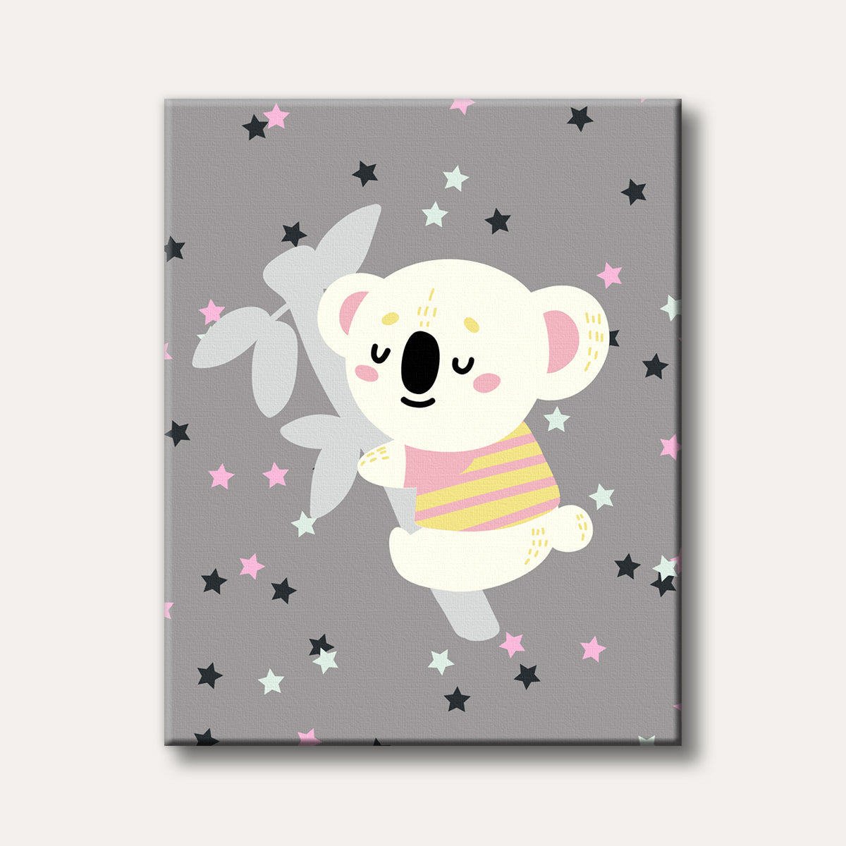 A whimsical cartoon koala in a pink and yellow striped shirt clings to a tree branch, set against a grey background dotted with colourful stars in a playful, minimalist style.