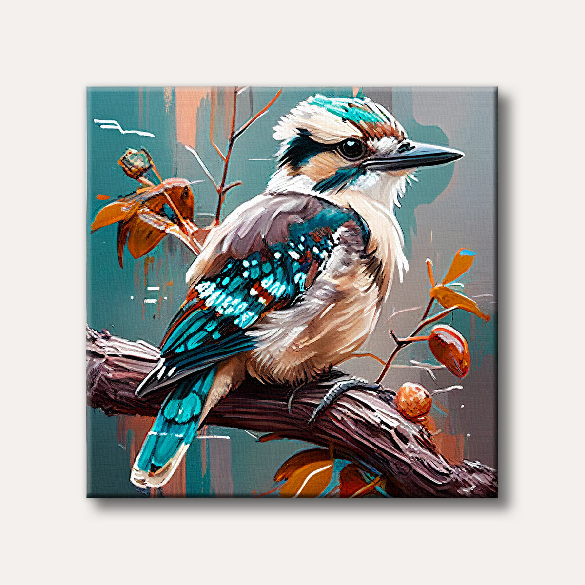 A vibrant painting of a kookaburra perched on a branch, featuring bright teal and brown feathers in an expressive, painterly style.