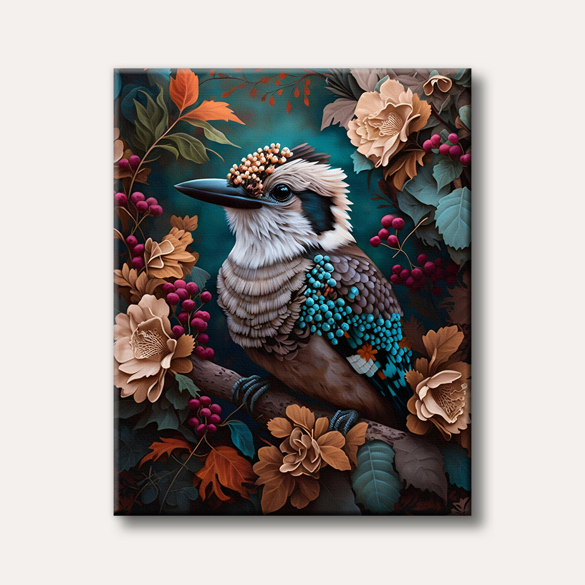 A whimsical digital painting of a kookaburra with intricate plumage and a berry crown, perched on a branch surrounded by rich autumn-coloured foliage and red berries against a dark teal backdrop.