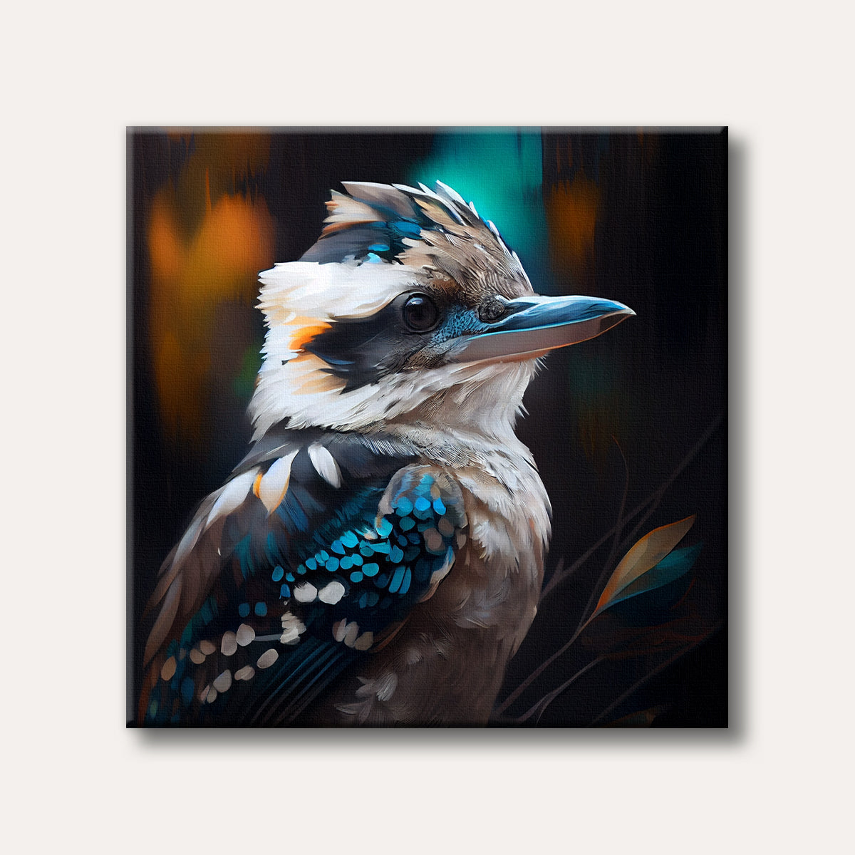 A vibrant, painterly close-up of a kookaburra with striking blue, white, and brown feathers, set against a dark, abstract background.