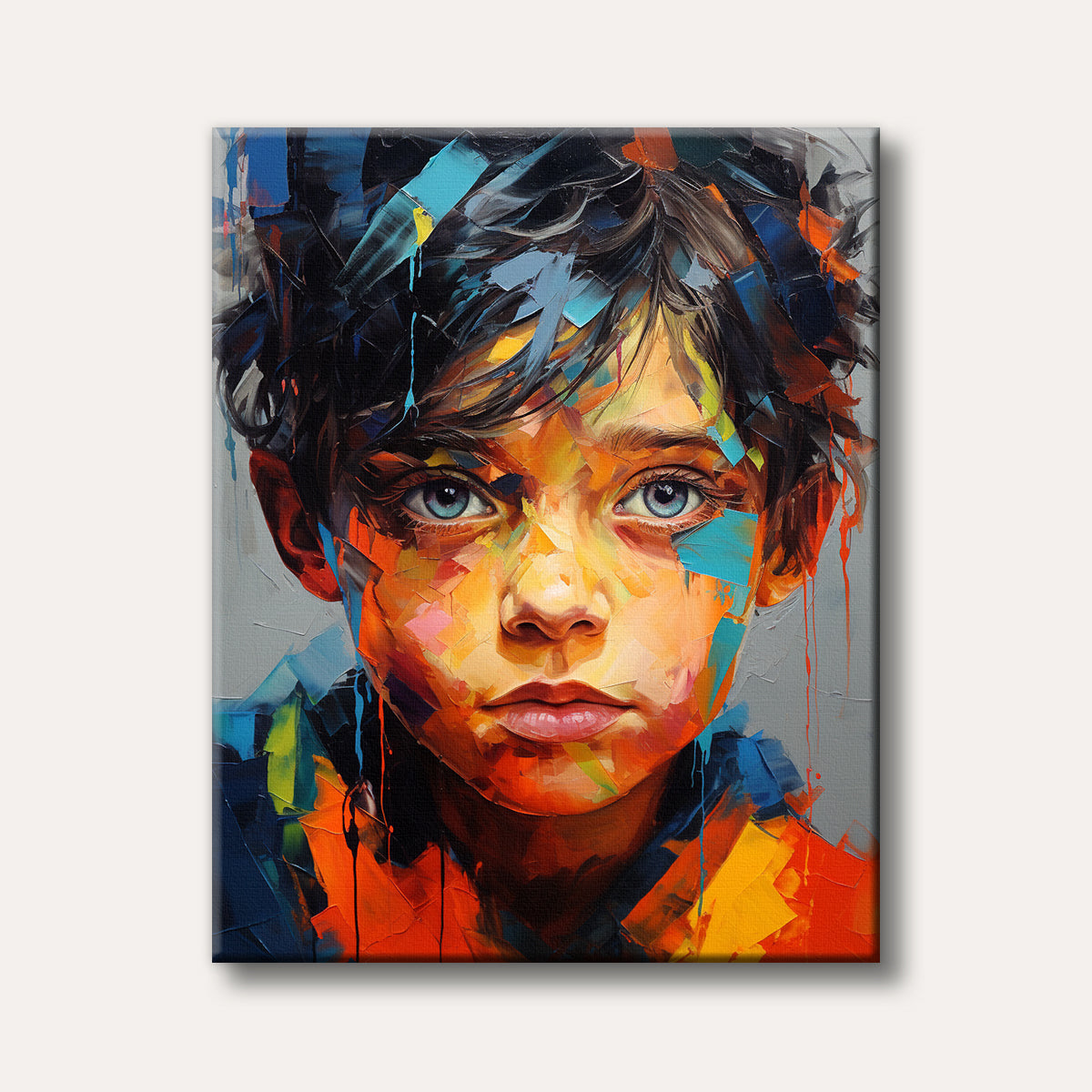An expressive portrait of a child with blue eyes, painted in a modern abstract style with vibrant orange, blue, and yellow impasto brushstrokes on a gray background, conveying a contemplative mood.