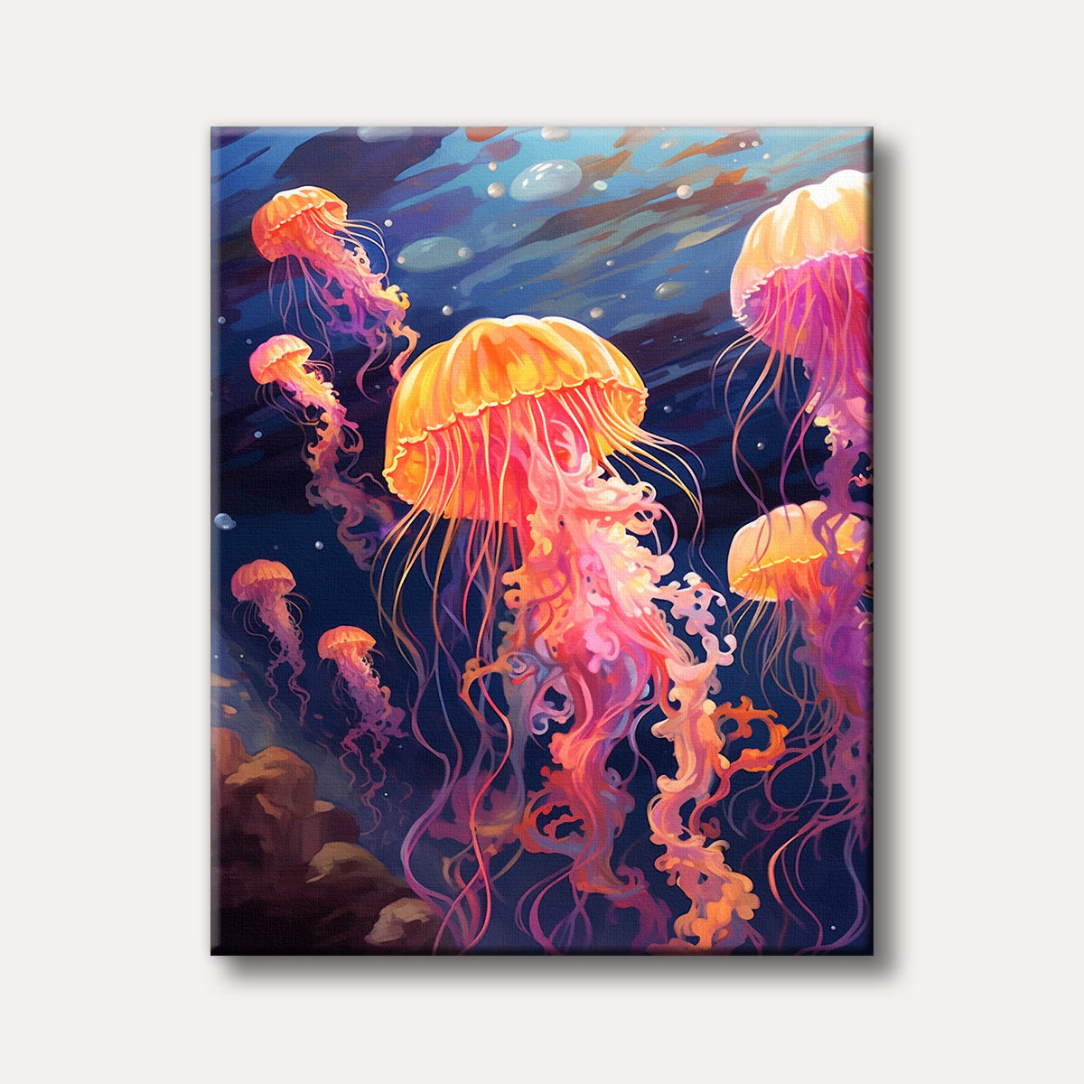 A vibrant and fantastical painting of multiple glowing jellyfish swimming in a deep blue underwater environment, rendered with bright pink, orange, and purple colours.