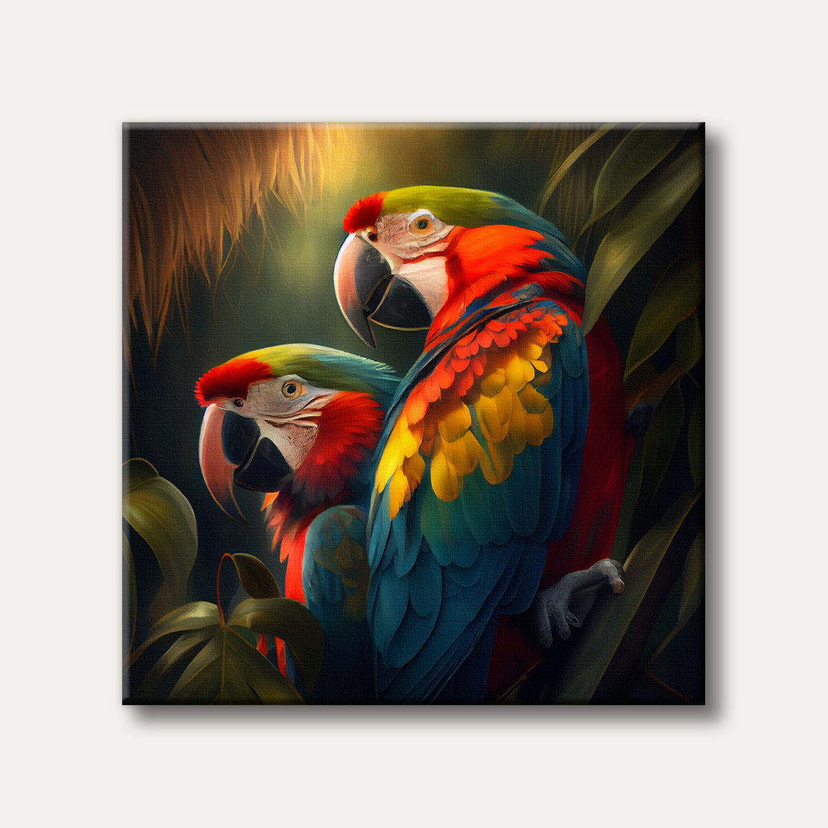 A vibrant realistic painting of two colourful macaws with bright red, blue, and yellow feathers perched in a dark, lush tropical jungle setting.