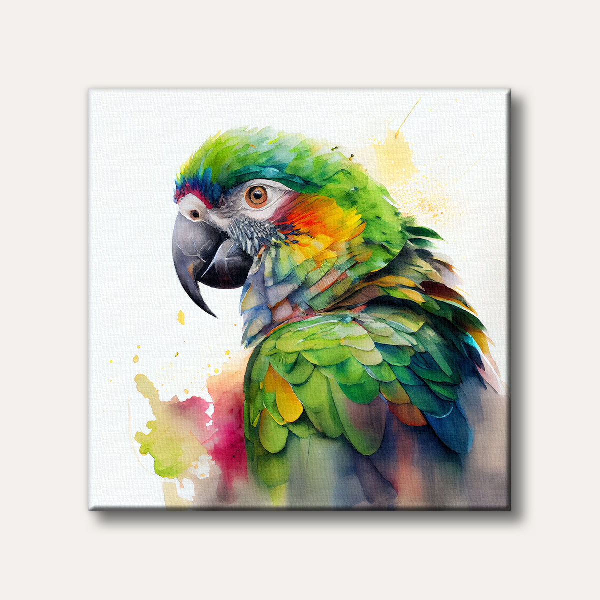 A vibrant parrot with green, yellow, and blue feathers, rendered in a lively watercolour splash art style, depicted against a white background.