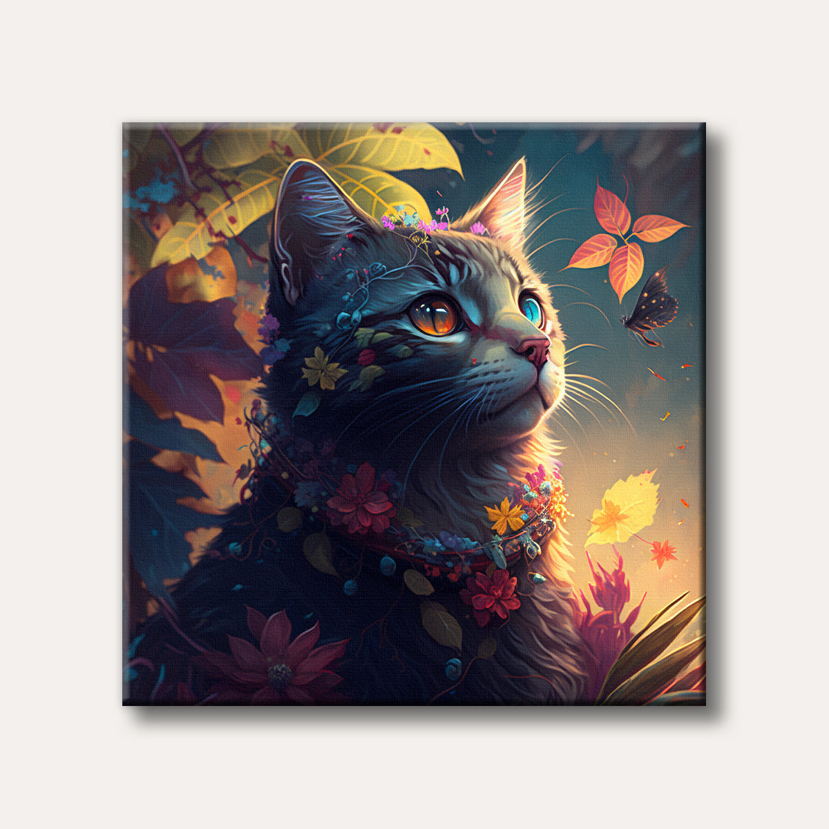 A whimsical painting of a cat adorned with colourful flowers and leaves, looking up at a butterfly, in an enchanted forest scene with a warm, glowing light.