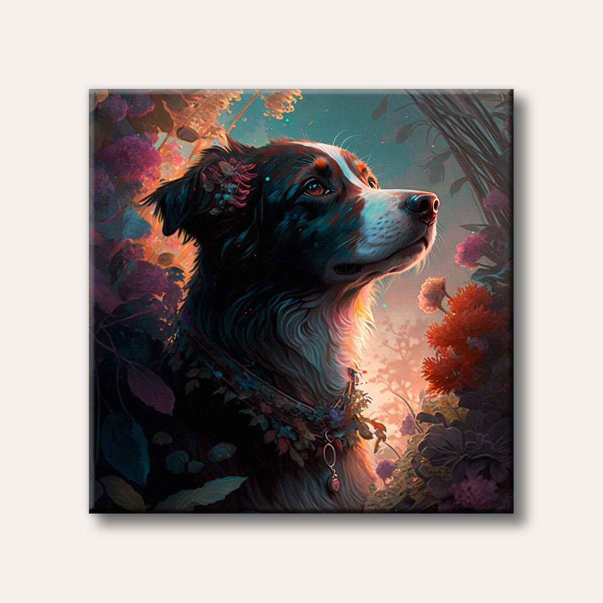 A whimsical painting of a tri-colour dog peering into a vibrant, enchanted garden filled with glowing flowers and lush plants, rendered in a colourful, expressive style.