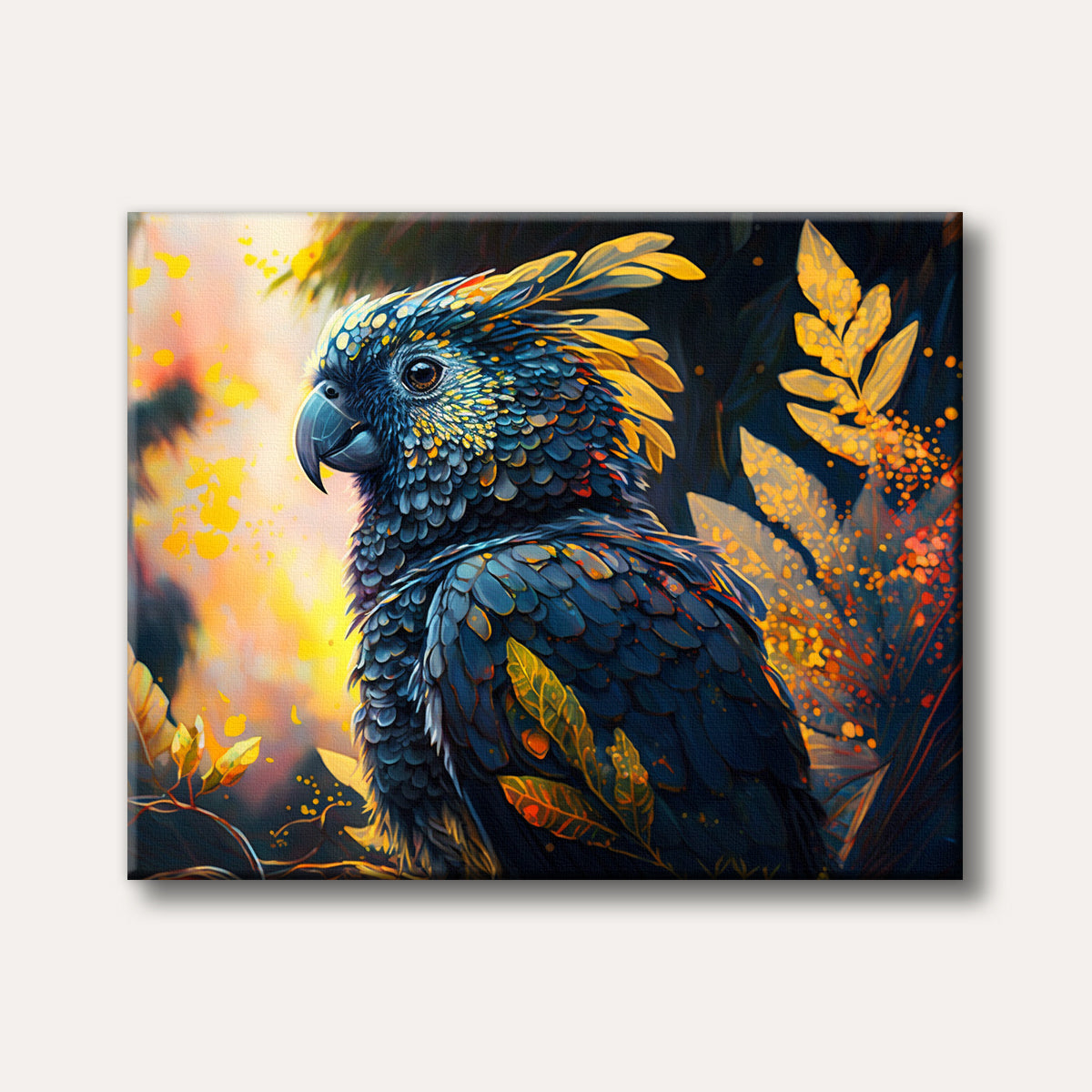 A digital painting depicting a majestic dark parrot with vibrant blue and gold feathers, set against a softly glowing tropical background.