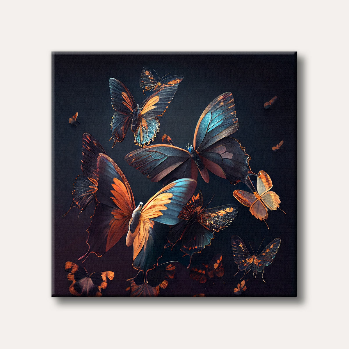 A close-up view of several butterflies with iridescent blue, warm orange, and sparkling gold wings, set against a dark, dramatic background in a detailed, artistic style.