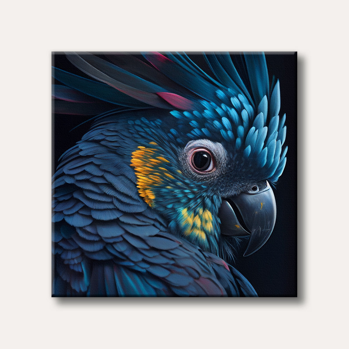 A striking realistic close-up painting of a blue and yellow parrot with an expressive eye, set against a dark background, showcasing its vibrant plumage.