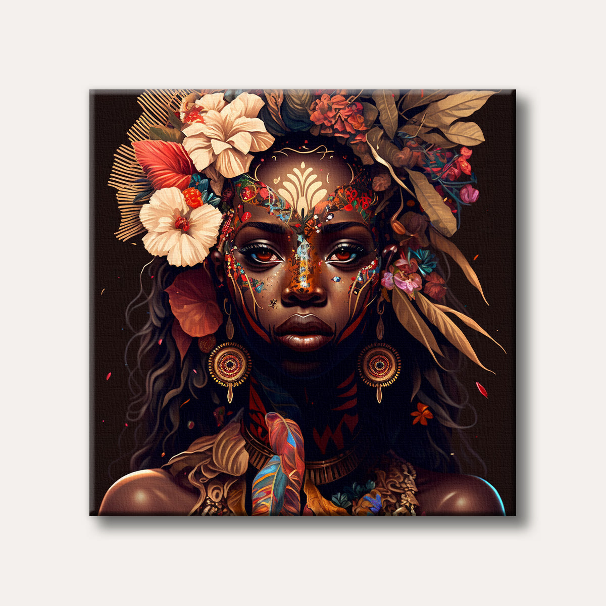 A close-up, highly detailed portrait of a woman with dark skin and striking red eyes, adorned with colourful tribal face paint, golden patterns, and an elaborate floral and leaf headdress, presented in a realistic and vibrant art style against a dark background.