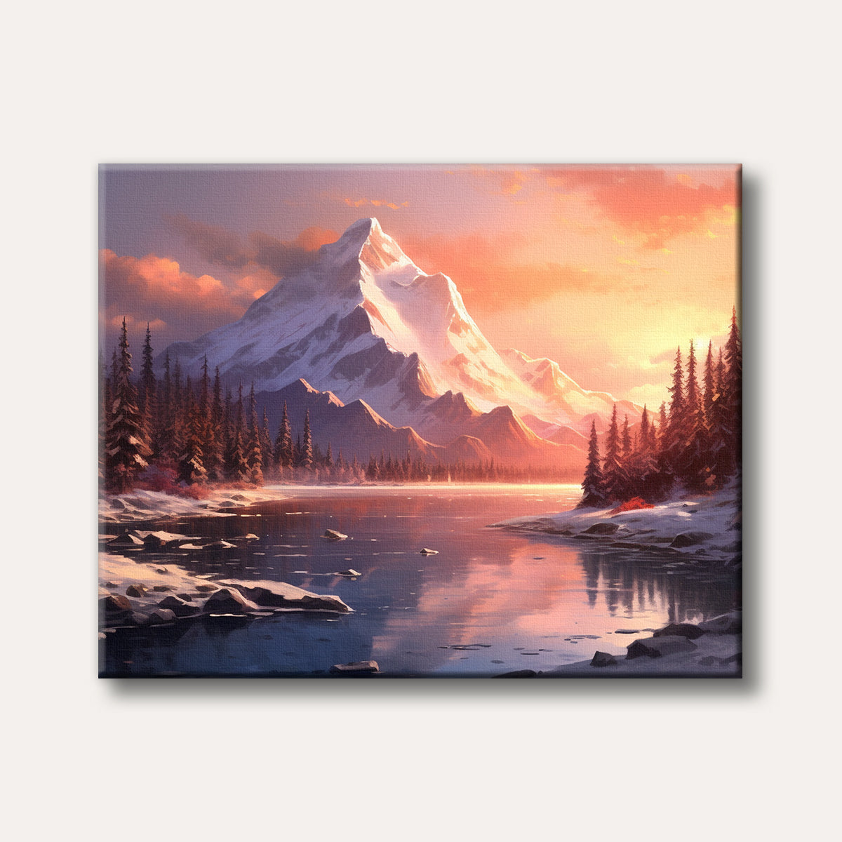 A majestic snow-capped mountain towers over a serene frozen lake at sunrise, surrounded by snow-dusted pine trees, depicted in a vibrant, realistic painting style.