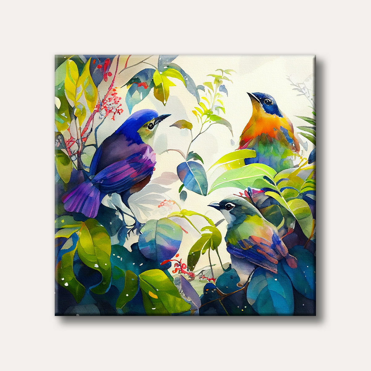 A watercolour painting of three colourful birds, one purple-blue, one orange-blue, and one green-blue, perched amidst lush green and blue foliage with some red berries, depicted in a soft and vibrant style.