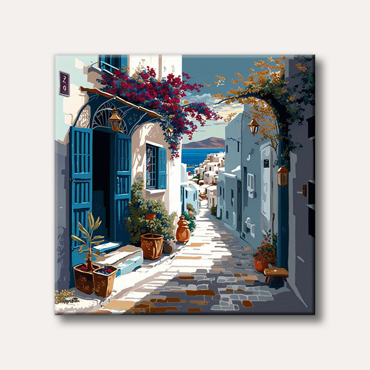 A brightly lit street scene in a Greek island village, featuring white buildings with blue shutters and vibrant red bougainvillea, leading towards the sparkling Aegean Sea and distant mountains, rendered in a colourful, stylized manner.