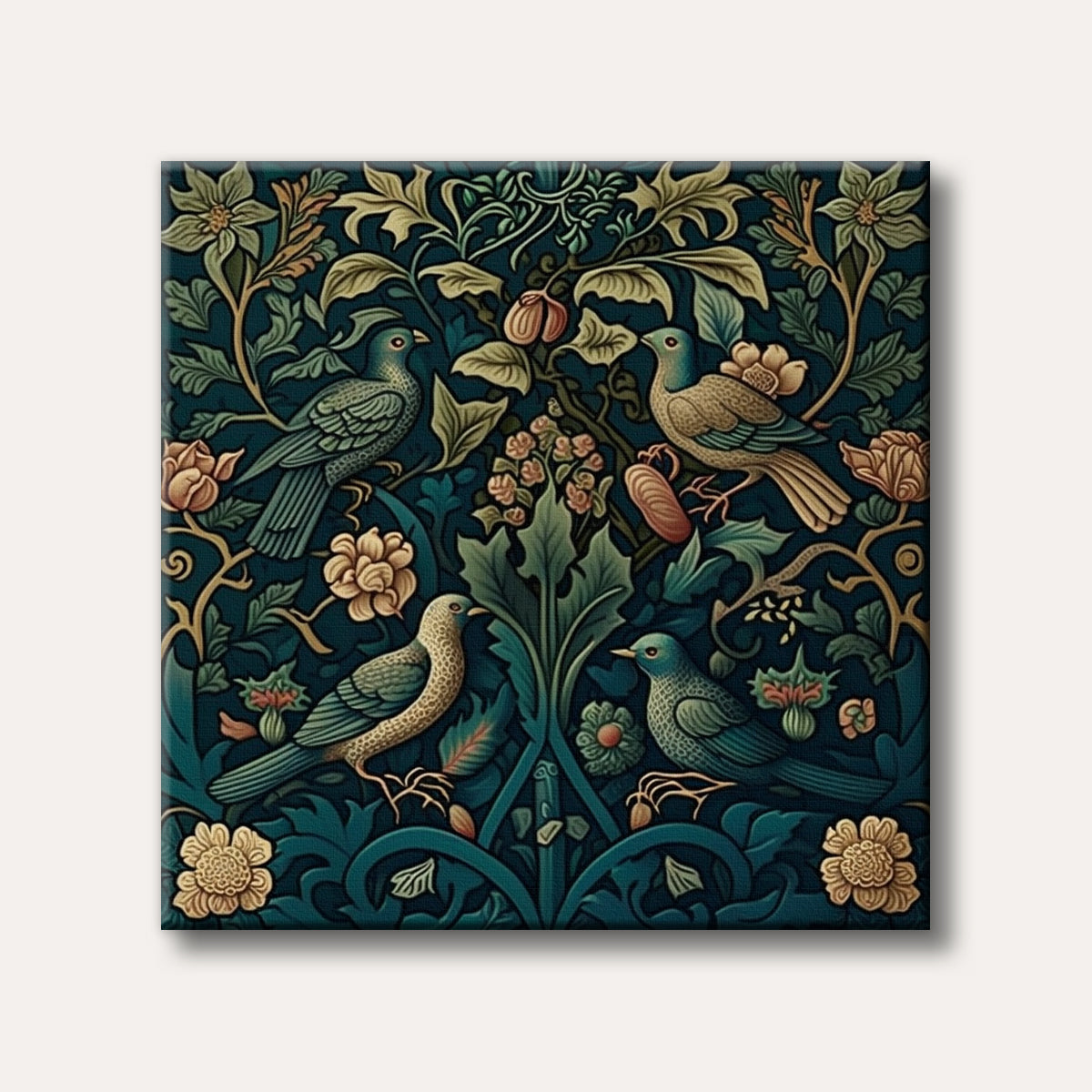 A decorative Art Nouveau pattern featuring four stylized birds amidst intricate leafy vines and blossoming flowers, rendered in rich blues, greens, and gold tones.