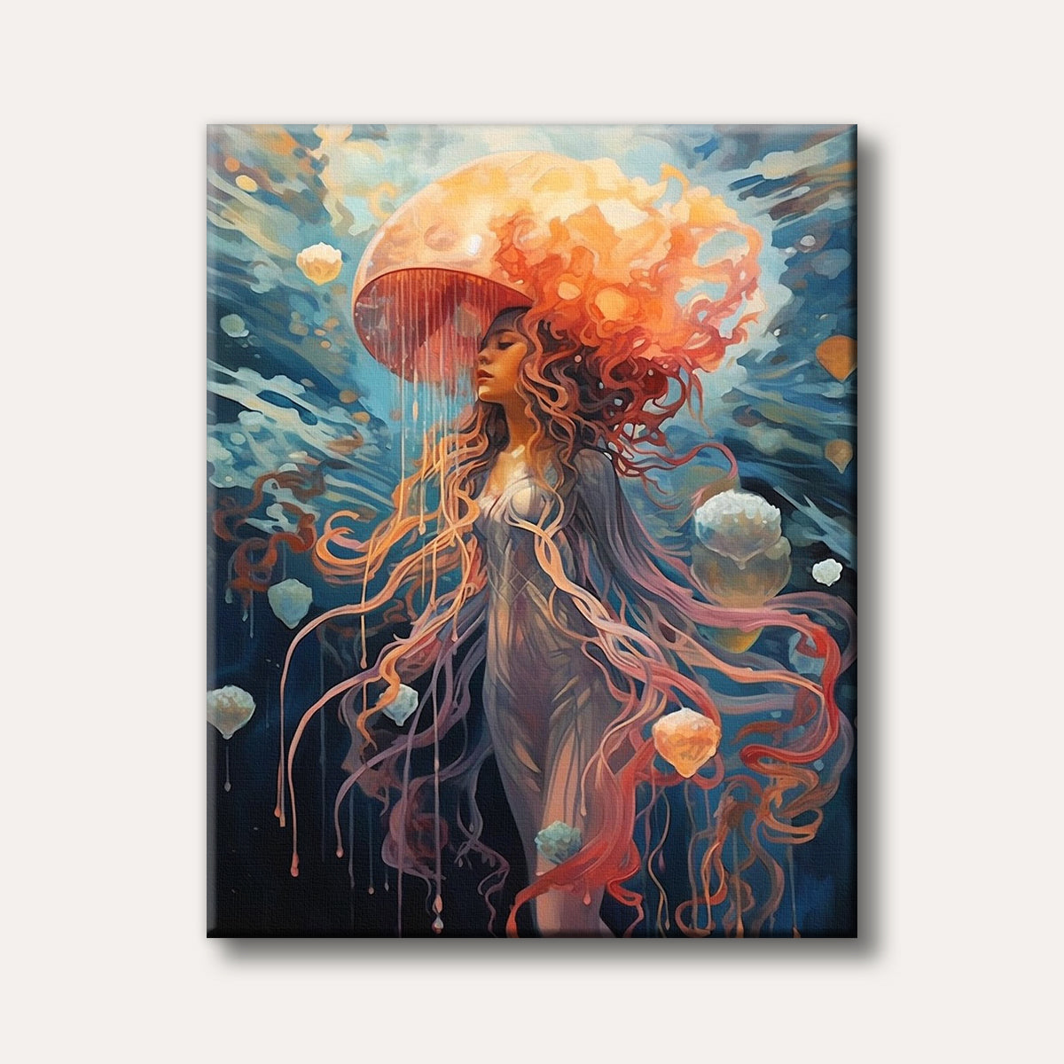 A fantastical painting of a woman with vibrant, flowing orange hair resembling a jellyfish, depicted in an ethereal underwater setting with glowing forms, rendered in an expressive, illustrative style.