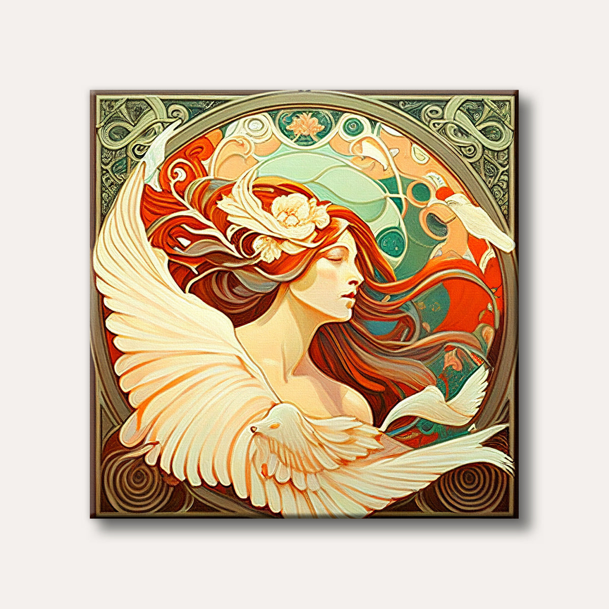 A serene Art Nouveau painting of a winged woman with flowing red hair, adorned with flowers and surrounded by doves and elegant swirling patterns.