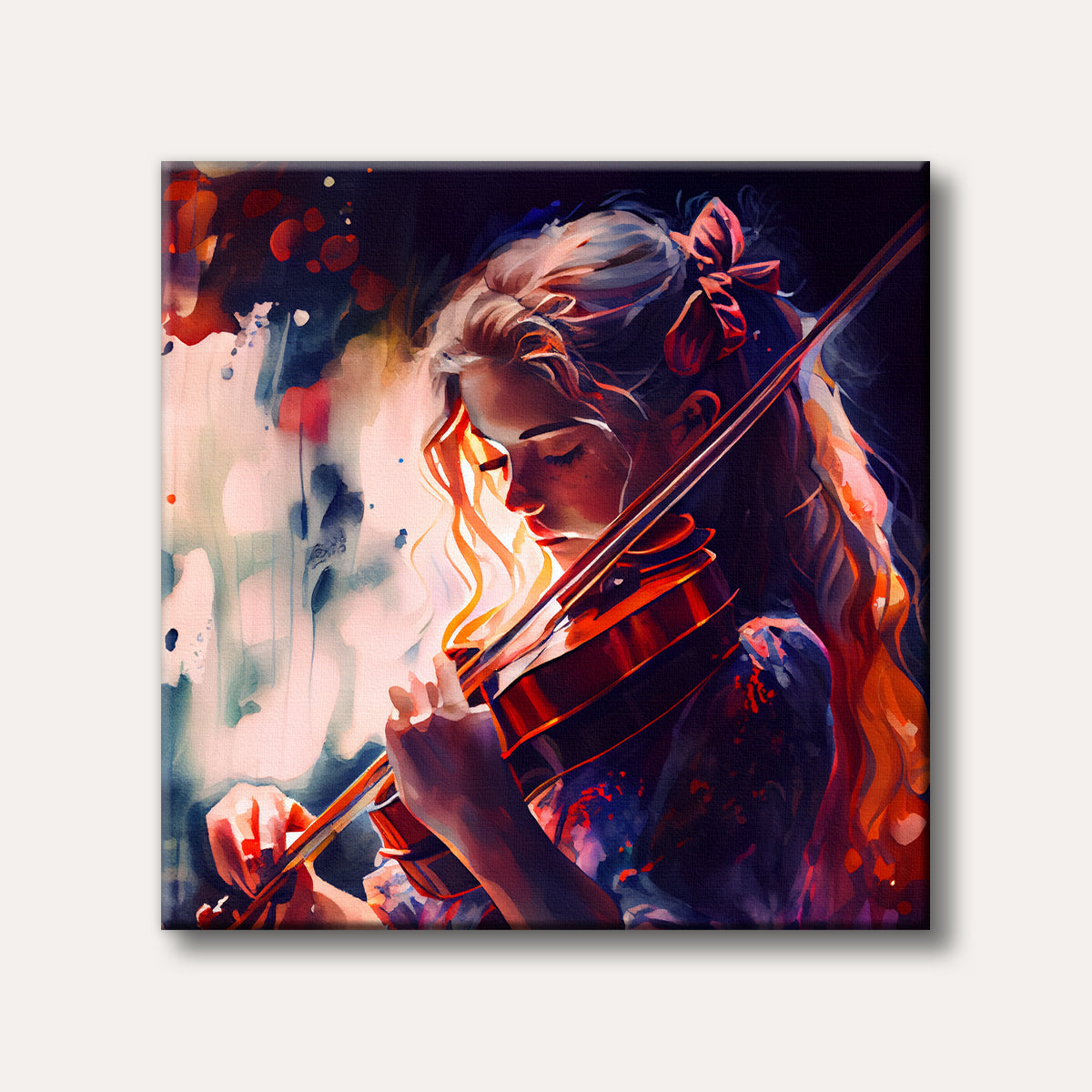 A vibrant watercolour painting of a young woman playing the violin with intense focus, illuminated by warm, glowing light on her hair and face.
