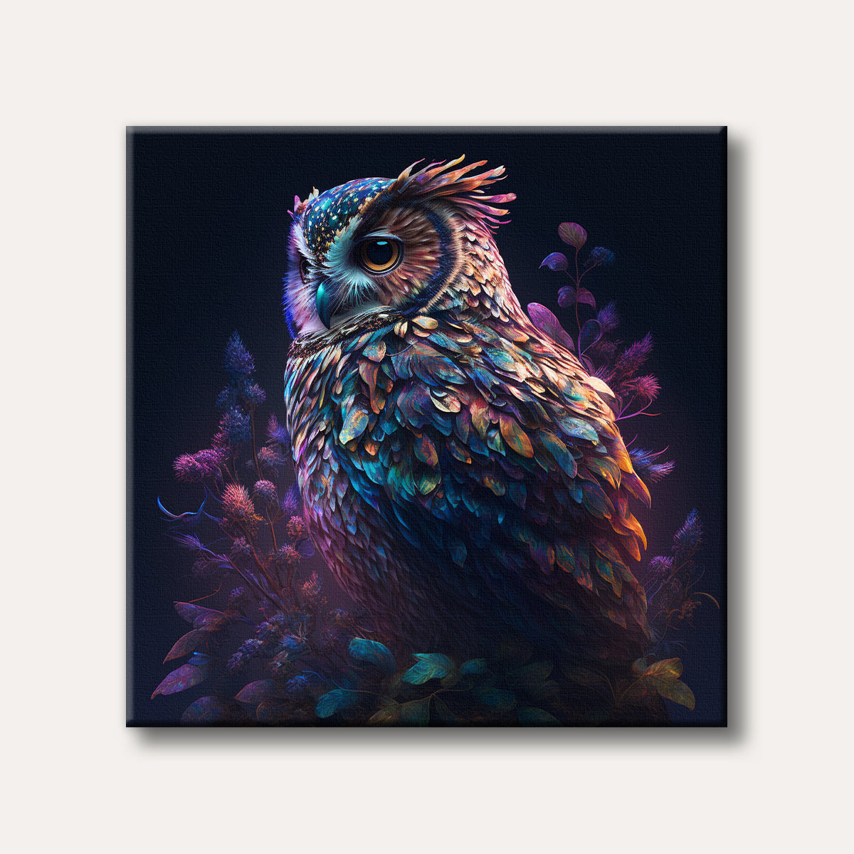 A majestic owl with shimmering, multi-coloured feathers in shades of blue, purple, and orange, surrounded by glowing mystical plants, set against a dark background in a vibrant fantasy art style.