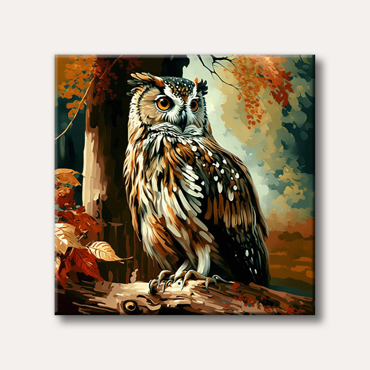 A majestic long-eared owl with bright orange eyes perched on a tree branch, surrounded by autumnal brown and orange leaves, rendered in a detailed, painterly style.