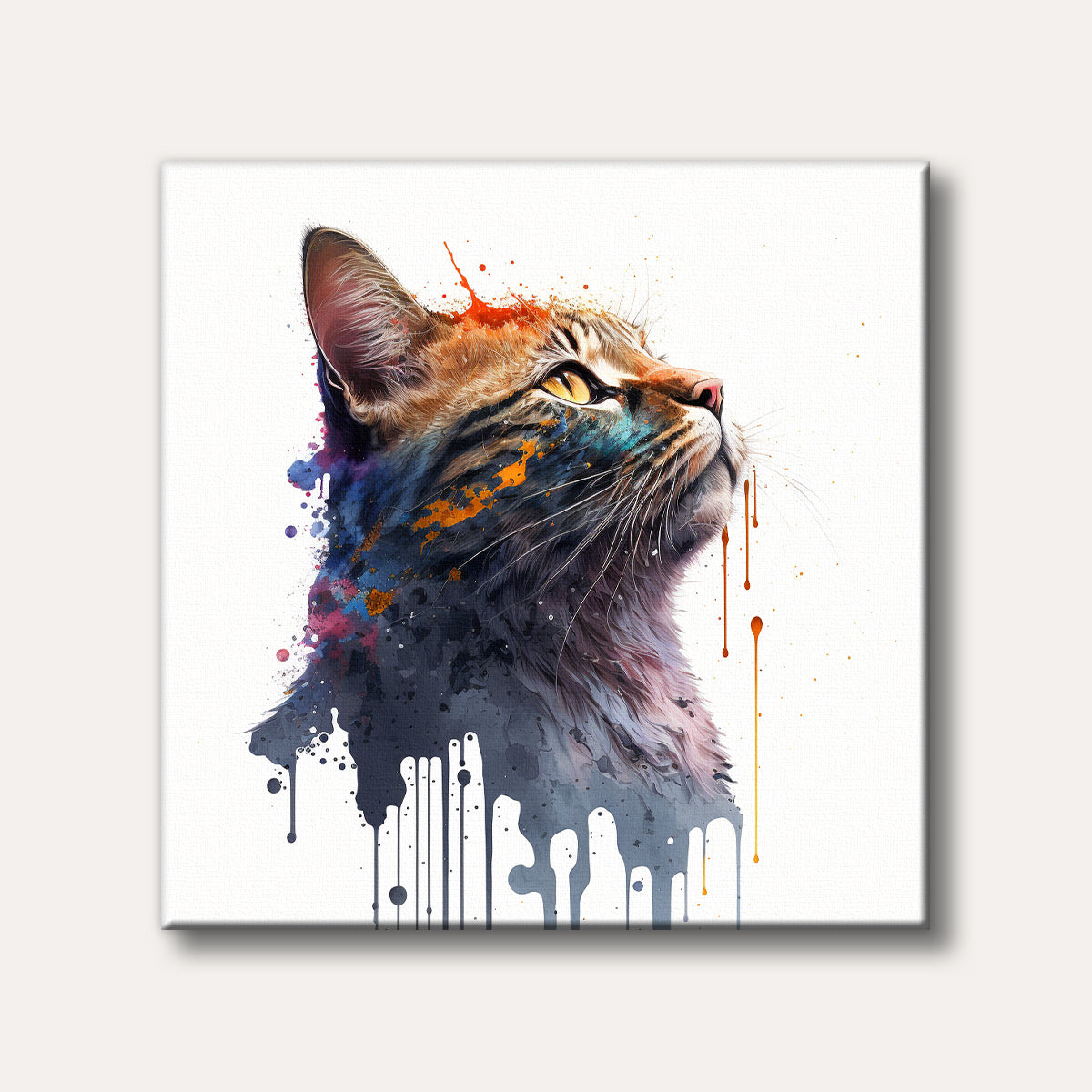 A realistic cat portrait with vibrant watercolour splashes and drips in blue, pink, and orange, depicted looking upwards on a white background, in an artistic fusion style.