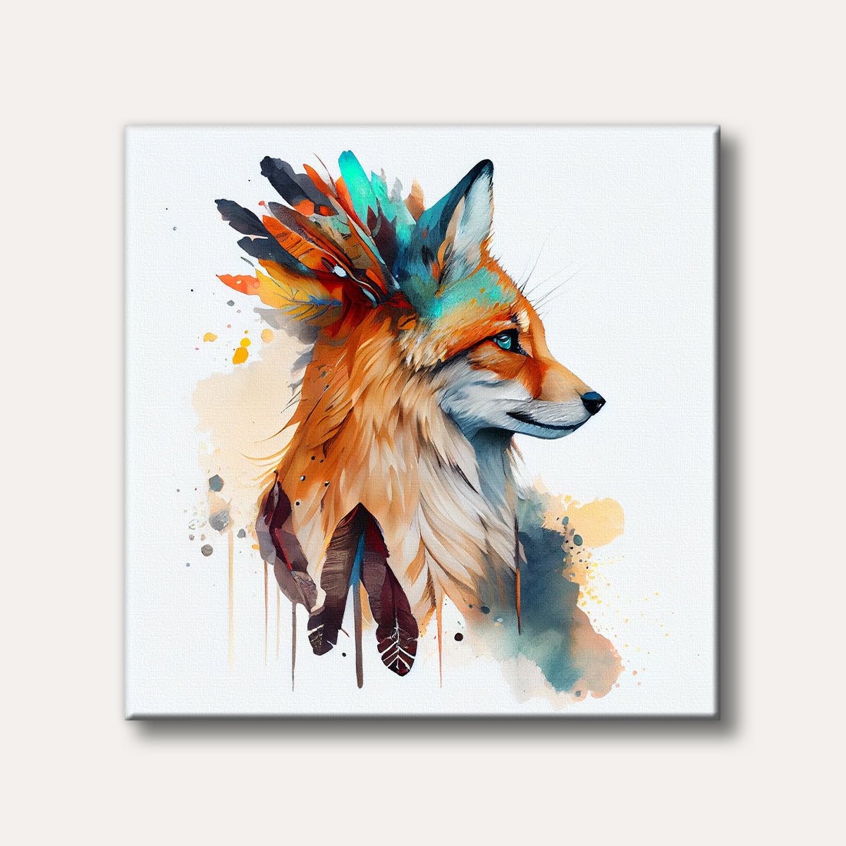 A vibrant watercolour painting of a fox's head in profile, adorned with abstract, colourful feathers and splashes, evoking a whimsical and artistic mood.
