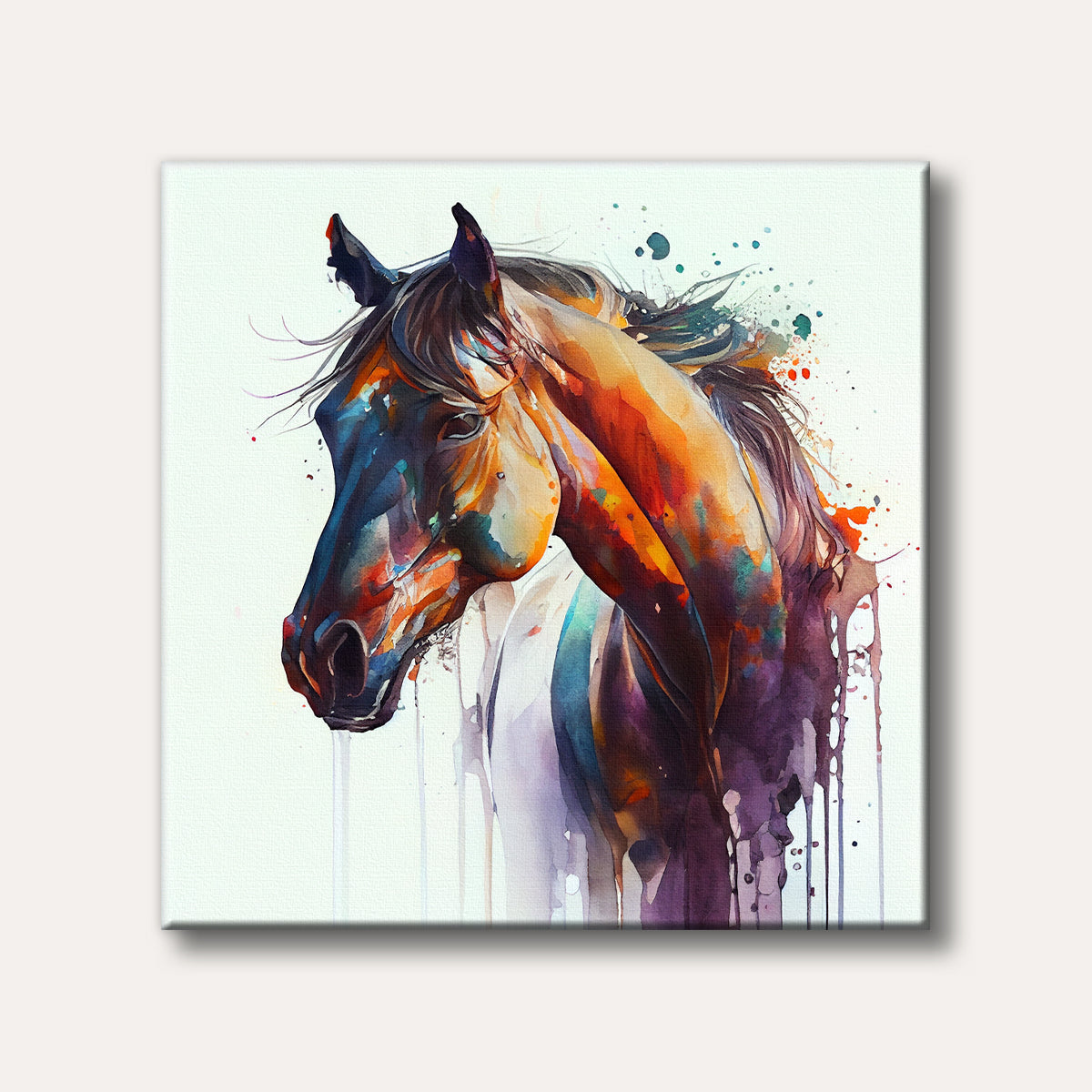 A vibrant watercolour painting depicting the head of a horse, rendered with bold, expressive strokes and a spectrum of warm oranges, cool blues, and purples, set against a white background with abstract paint splatters.