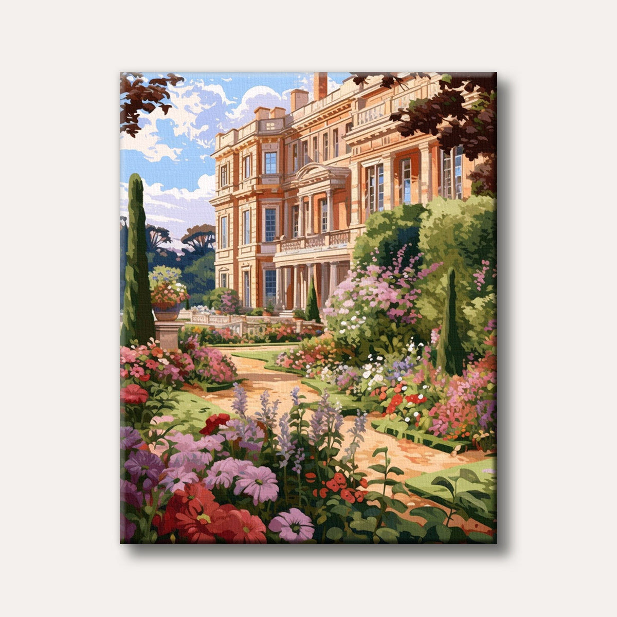 A grand, classical manor house with a meticulously manicured, vibrant flower garden and a winding path, depicted in a bright and inviting illustrative style.