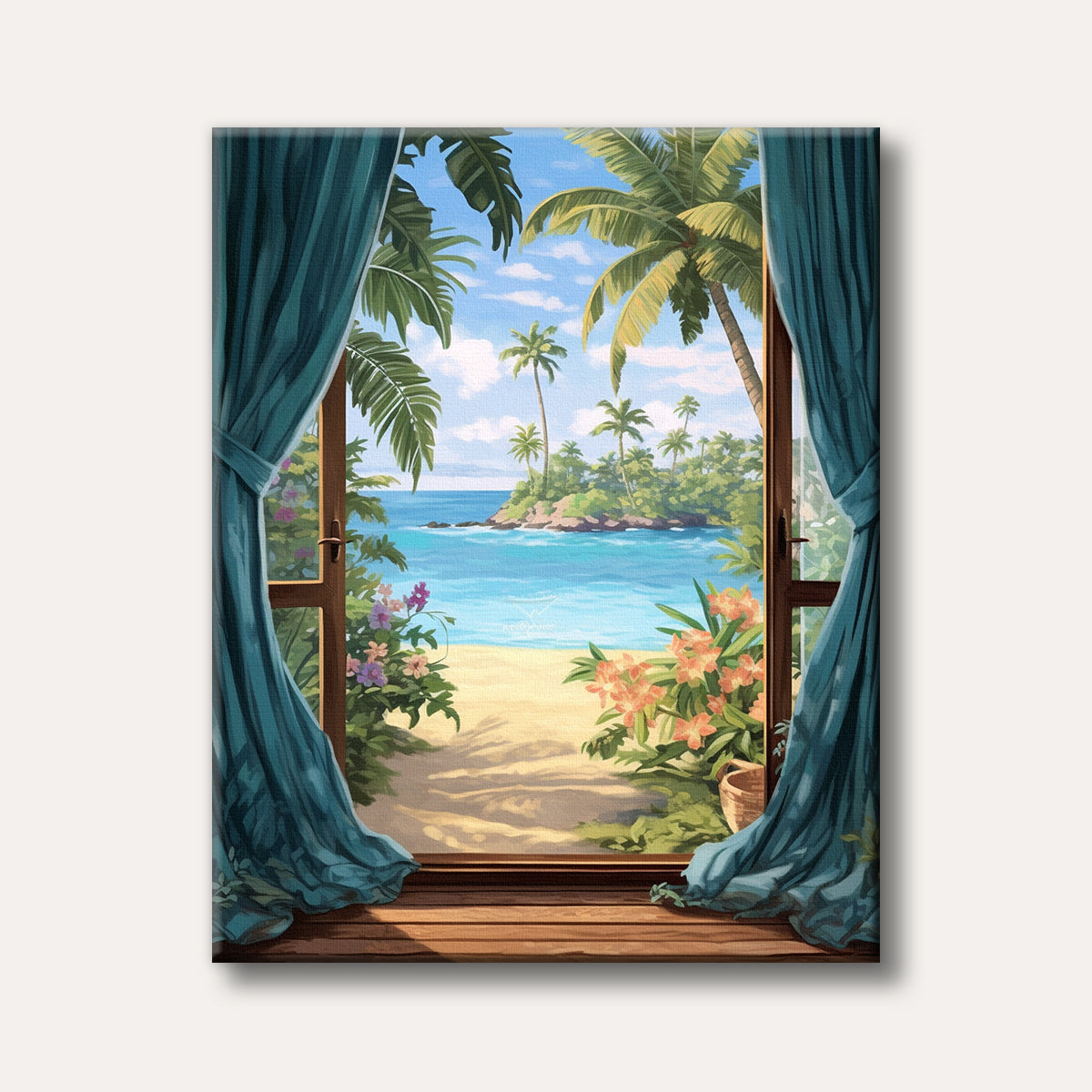 A vibrant painting depicting a tropical beach scene through an open window with teal curtains, featuring palm trees, clear blue ocean, and a sandy shore with lush flowers.