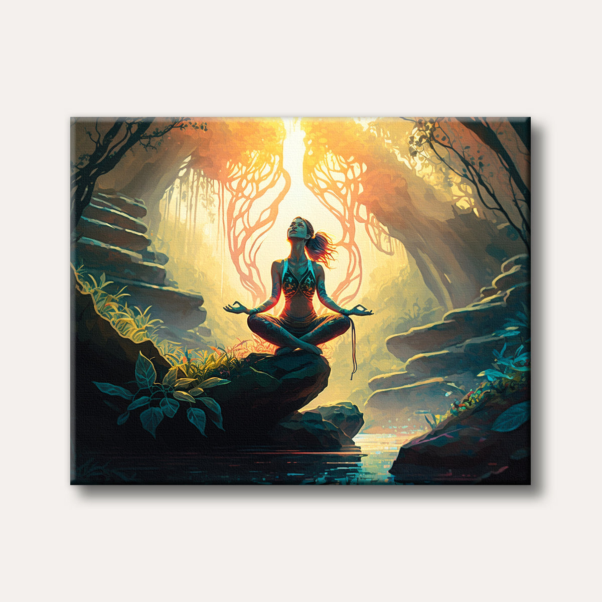 A woman in a yoga pose meditating on a rock in a mystical jungle, illuminated by golden light, depicted in a vibrant, stylized art style.