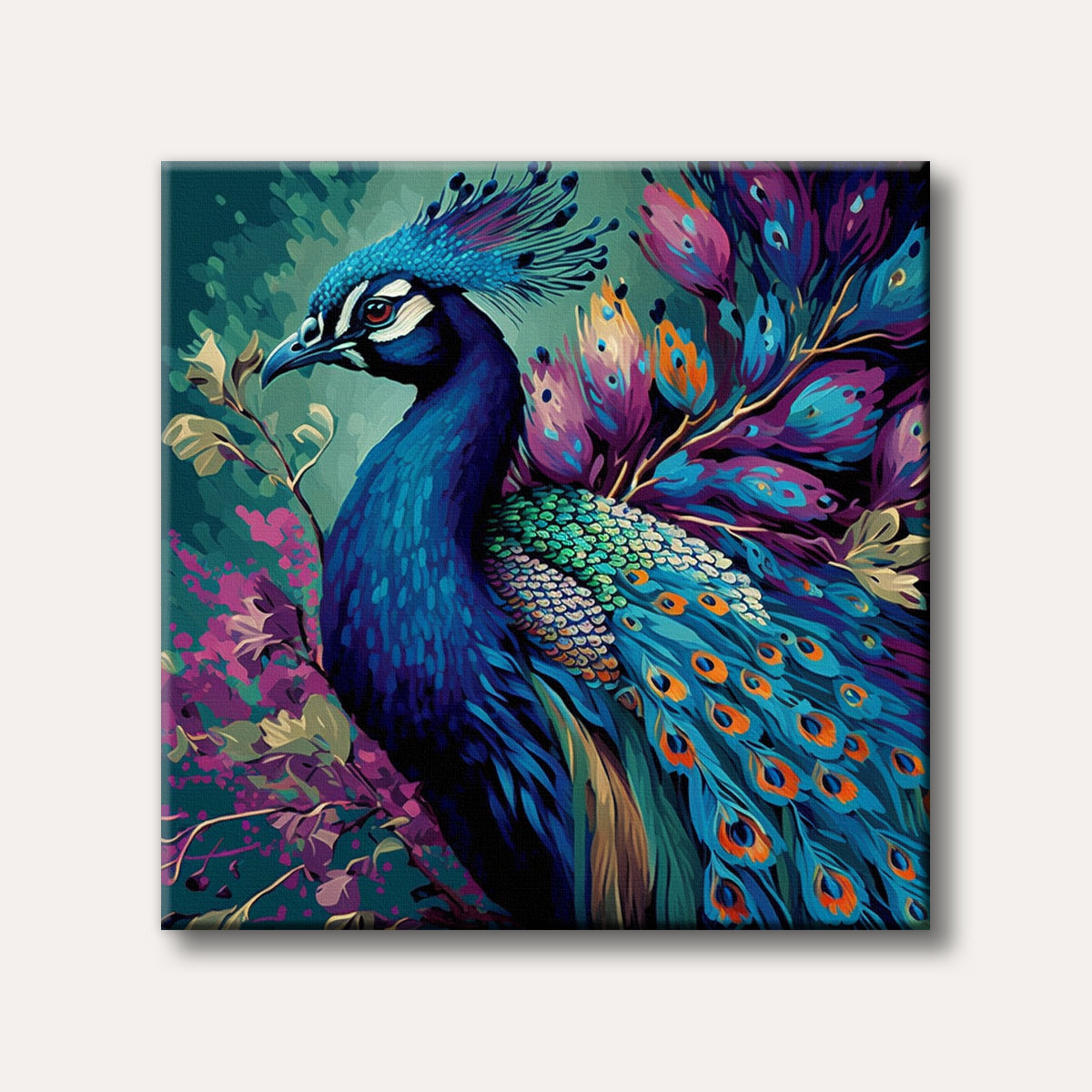 A vibrantly coloured peacock with iridescent blue, purple, and green feathers, standing amidst abstract foliage in a rich, artistic style.