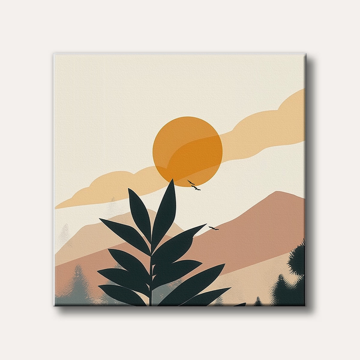 An abstract minimalist landscape featuring a large orange sun over layered, earthy-toned mountains, with a prominent dark plant silhouette in the foreground and two birds flying, evoking a serene and modern mood.