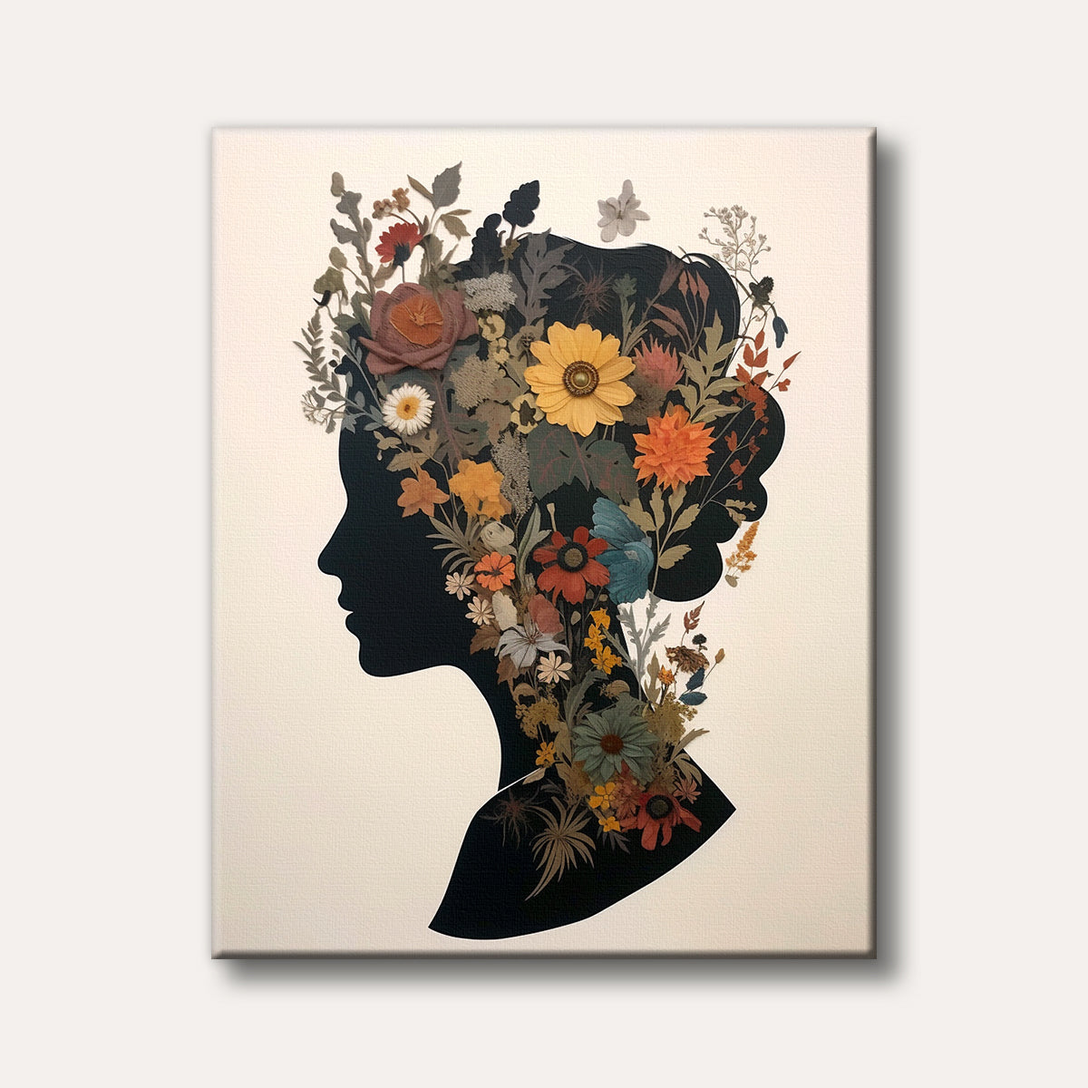 A black silhouette of a woman's head in profile, intricately filled with a vibrant array of pressed flowers and dried botanical elements in warm, muted colours, set against a simple background.