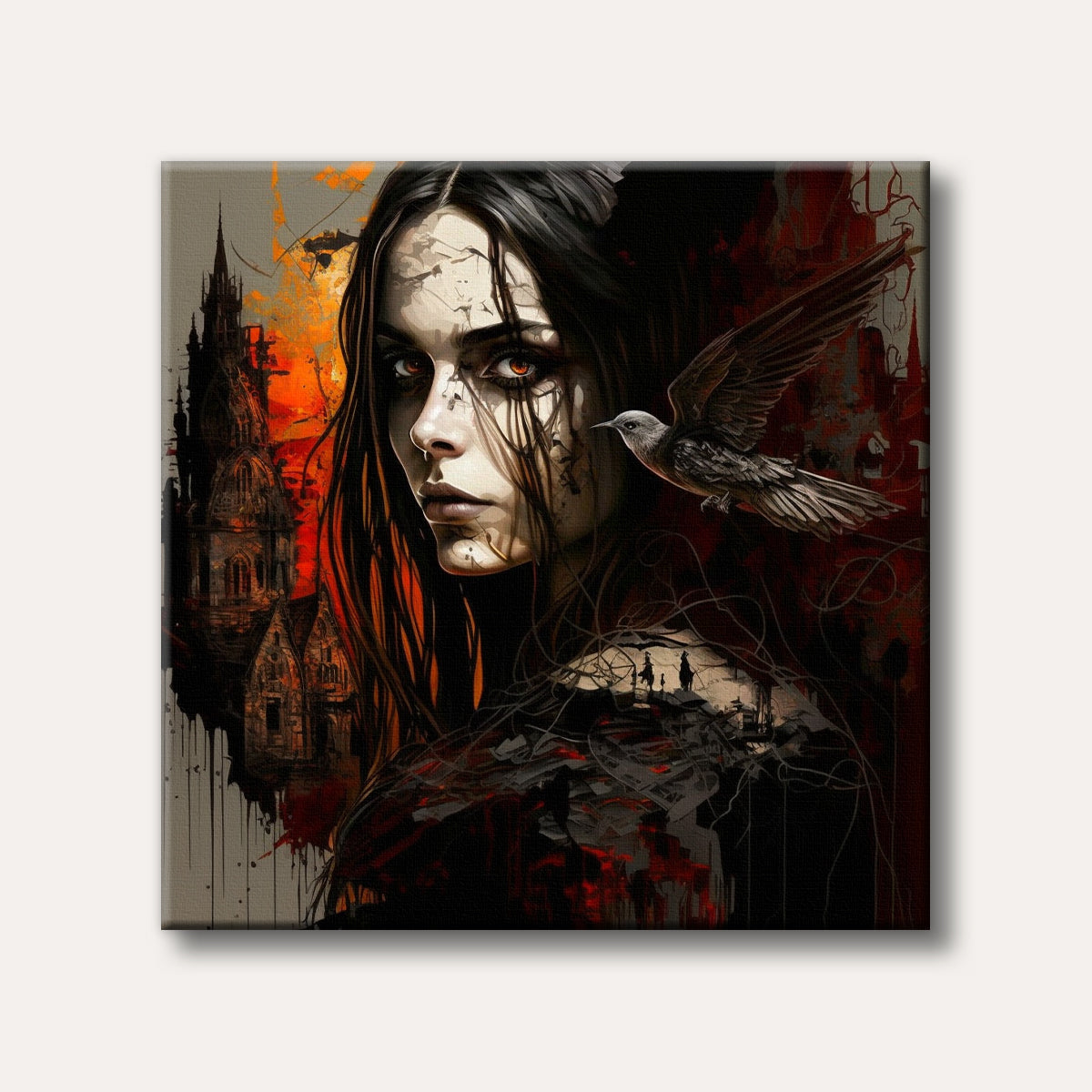 A dark fantasy painting of a gothic woman with long black hair and glowing eyes, a bird flying beside her, amidst dark architectural ruins and vibrant red and orange abstract elements.