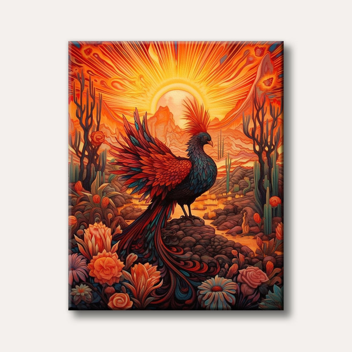 A fantasy painting of a majestic, colourful bird resembling a phoenix, with vibrant red and teal feathers, set against a fiery orange desert landscape with cacti and a radiant sun, in a stylized, almost psychedelic art style.