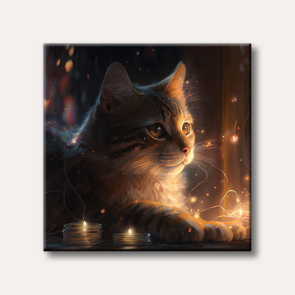 A warm, realistic painting of a tabby cat illuminated by glowing string lights and small candles, creating a cozy and magical scene.