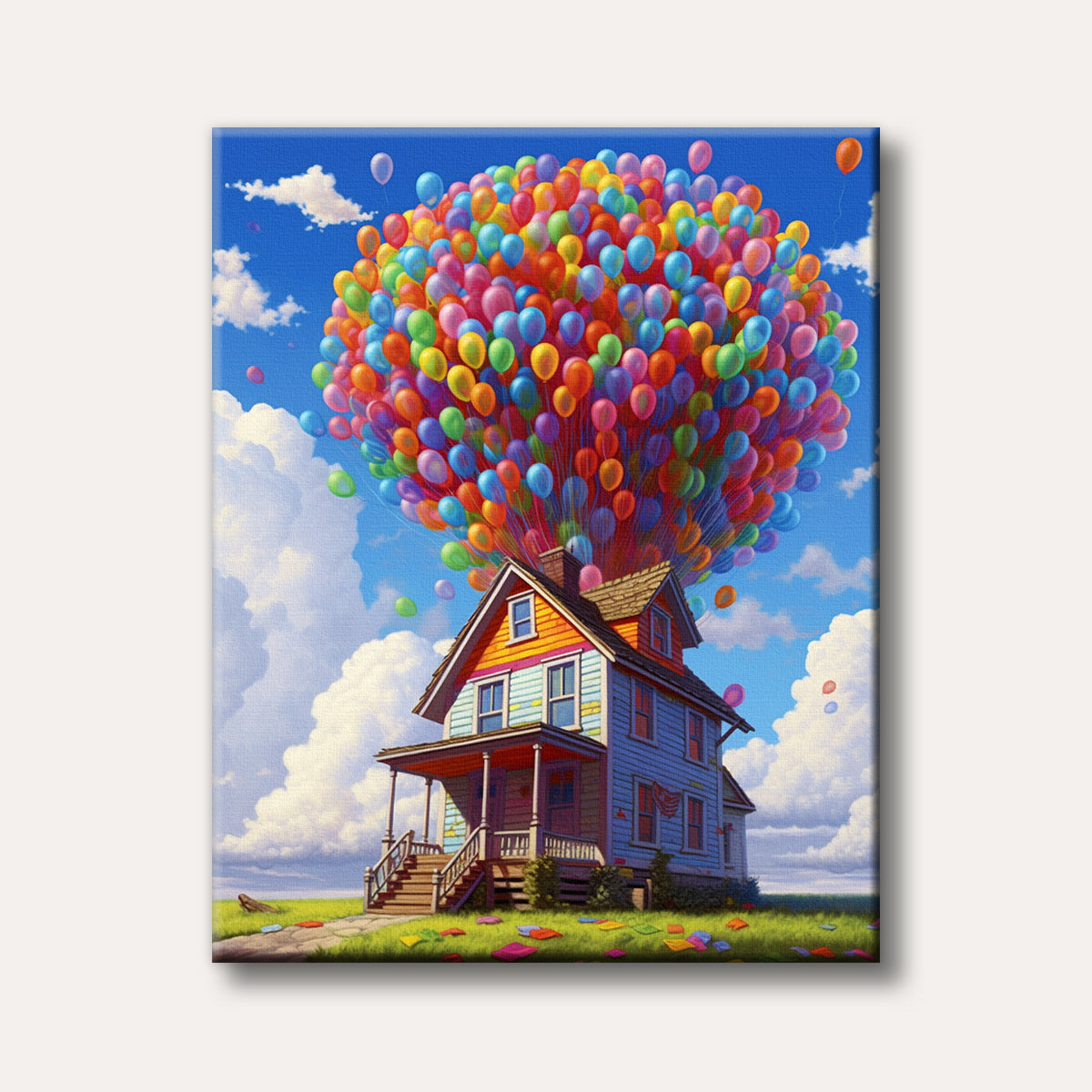 A charming house ascending into a bright blue sky, lifted by a massive cluster of colourful balloons in a vibrant, whimsical art style.