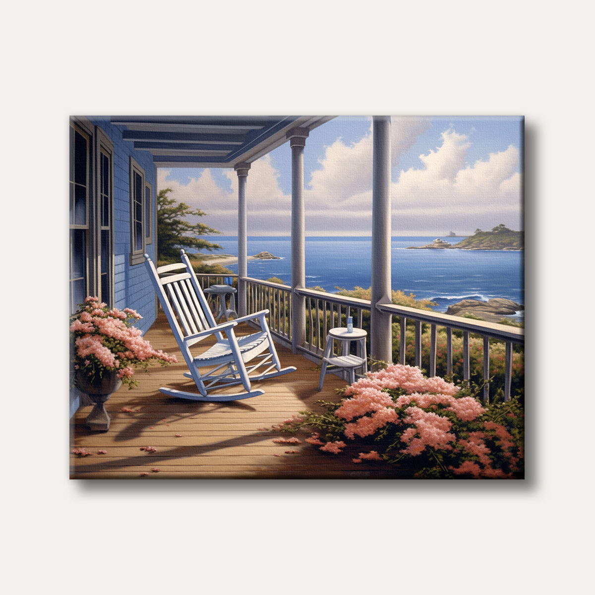 A serene painting of a white rocking chair on a wooden porch overlooking a vast blue ocean with distant islands, surrounded by pink flowers, depicted in a realistic style.