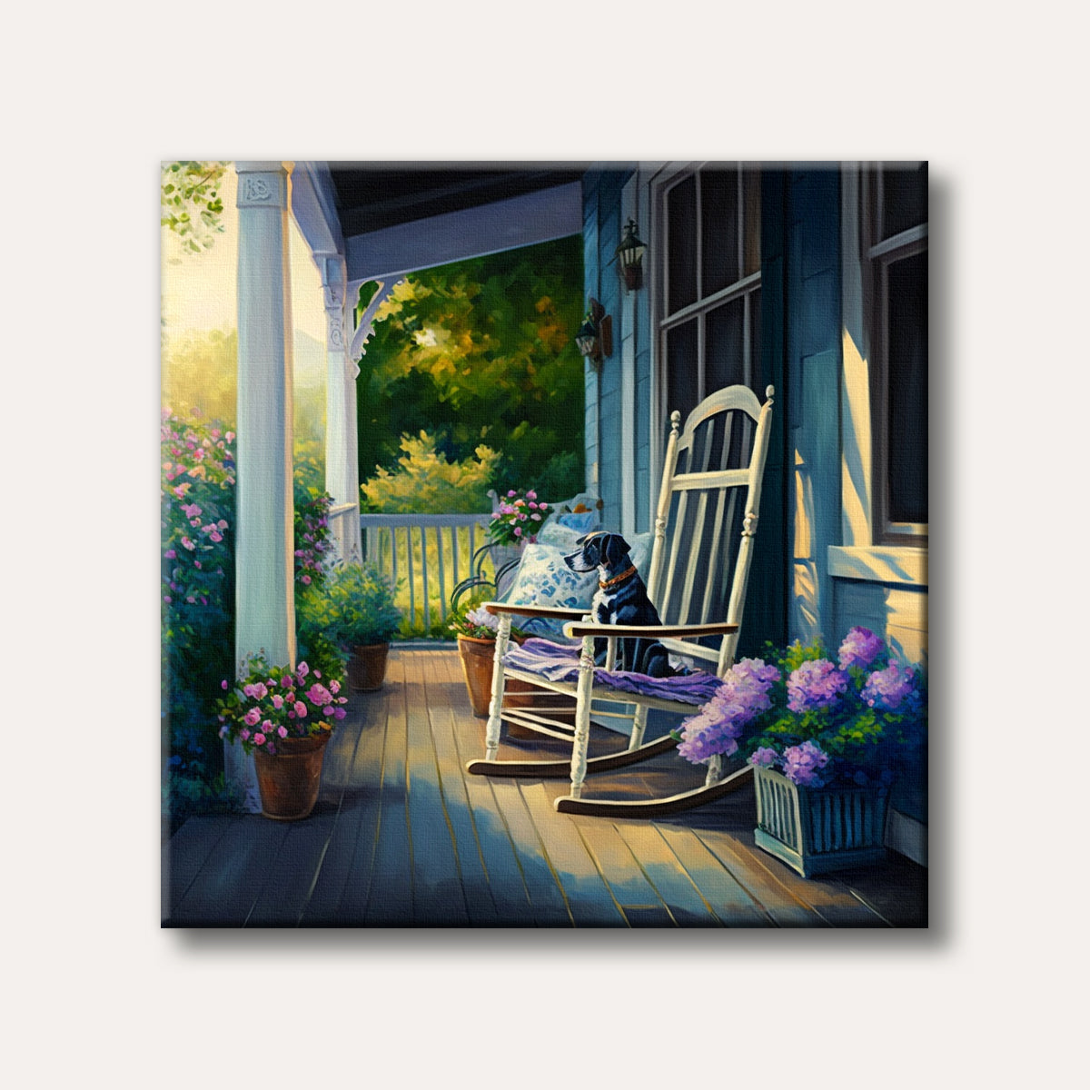 A black and white dog relaxes on a white rocking chair on a sunlit porch, surrounded by vibrant flowers and lush greenery, painted in a realistic, serene style.