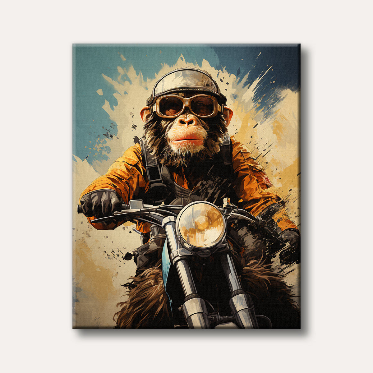 An artistic painting of a chimpanzee wearing a helmet and goggles, riding a motorcycle against a dynamic, brushstroke background, in a whimsical and modern illustrative style.