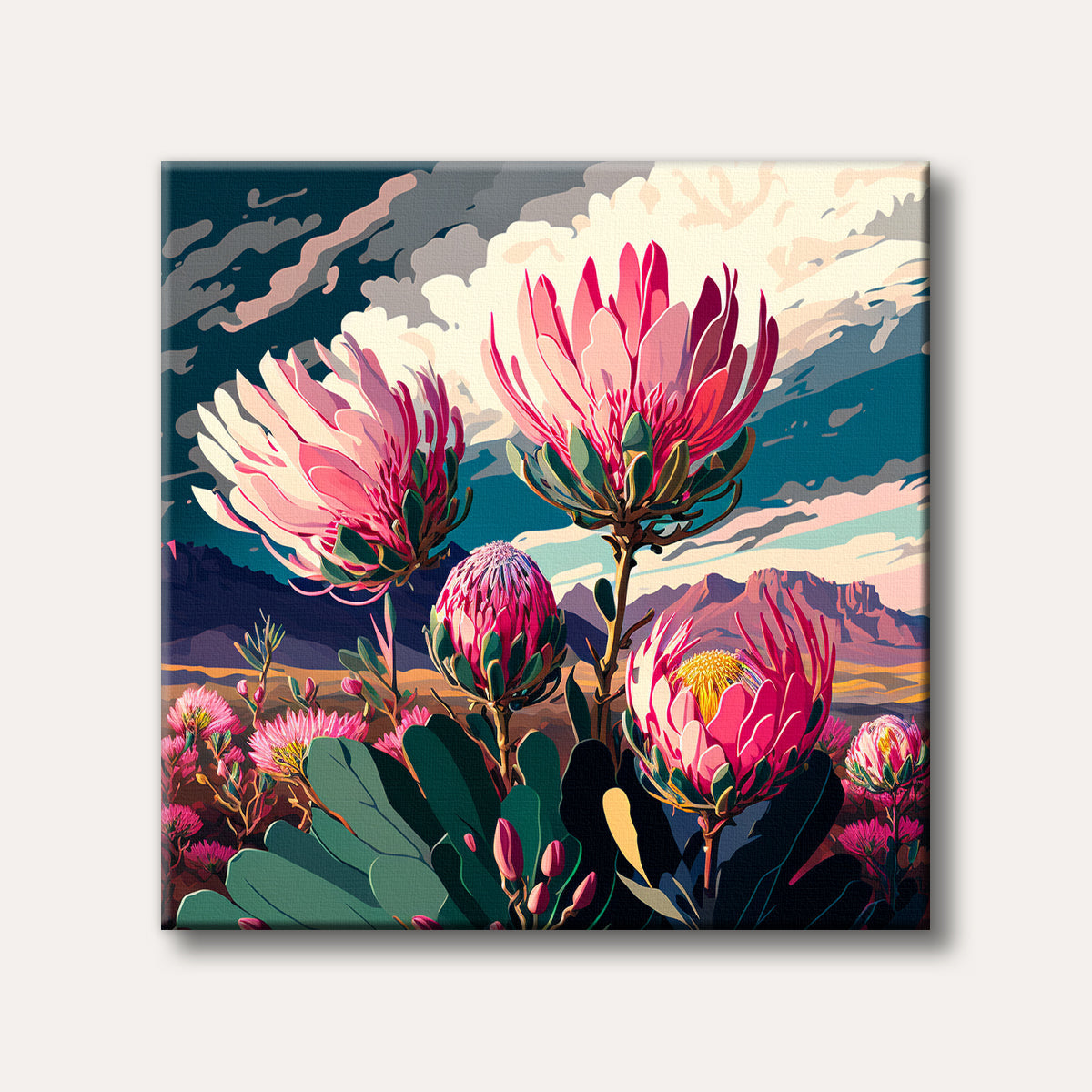 A stylized illustration showcasing vibrant pink and red protea flowers with lush green foliage against a backdrop of mountains and a dramatic sky.