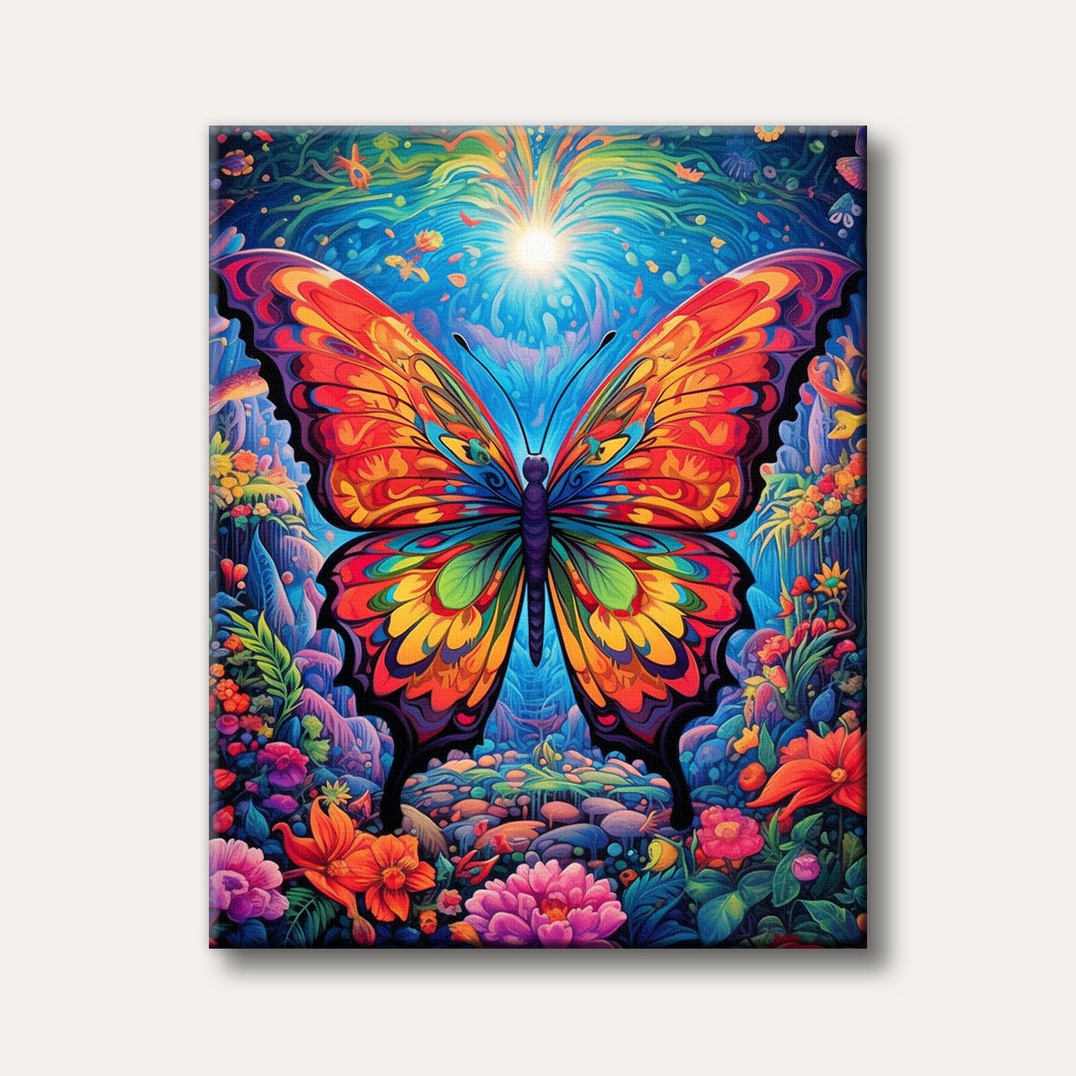A large, vividly coloured butterfly with intricate patterns on its wings, set against a magical, glowing blue forest background with fantastical plants and mushrooms, rendered in a psychedelic art style.